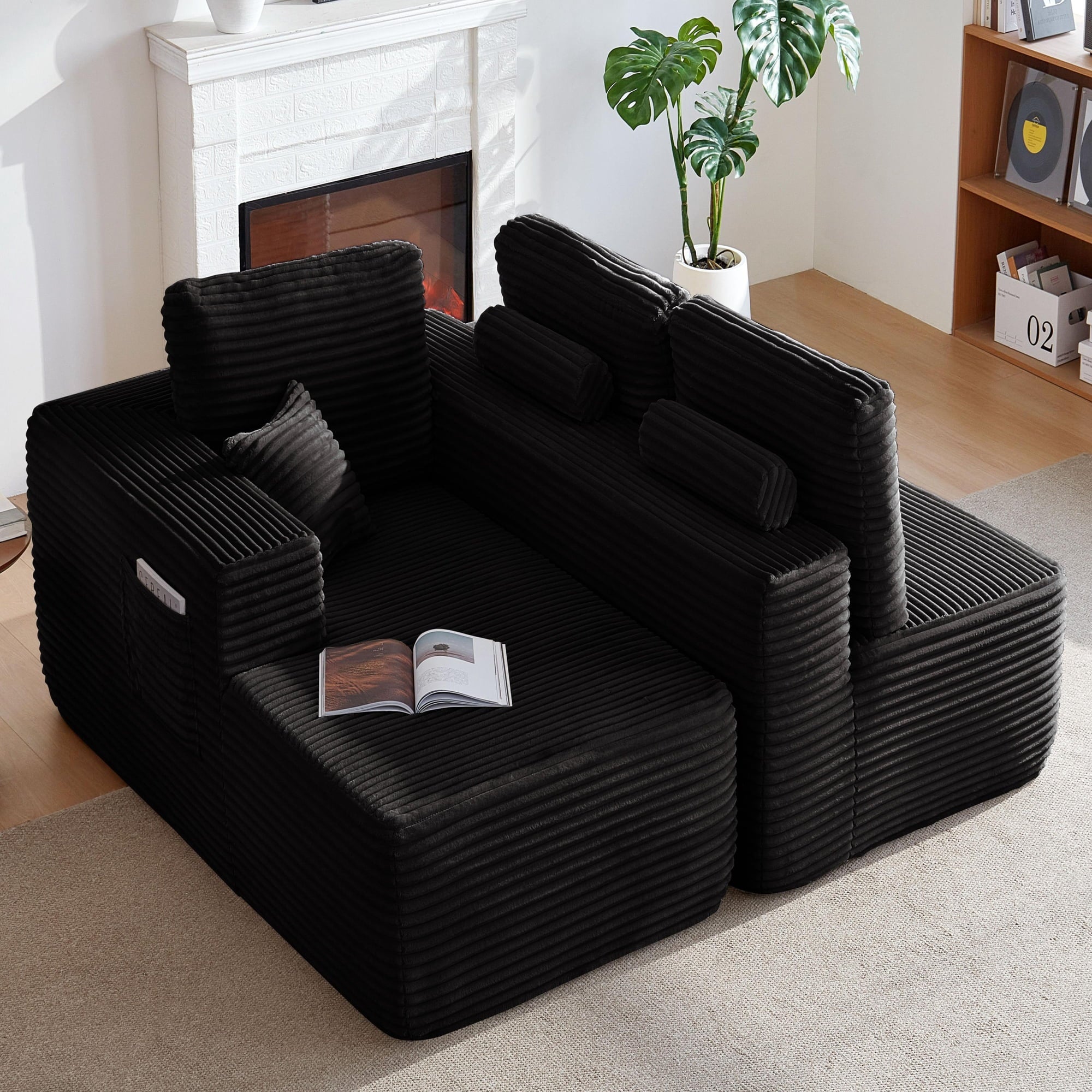 VORENE 104 Inch Cloud Sectional Sofa L Shape Chaise Side Pocket Modular Plush Fabric, Black Left Facing