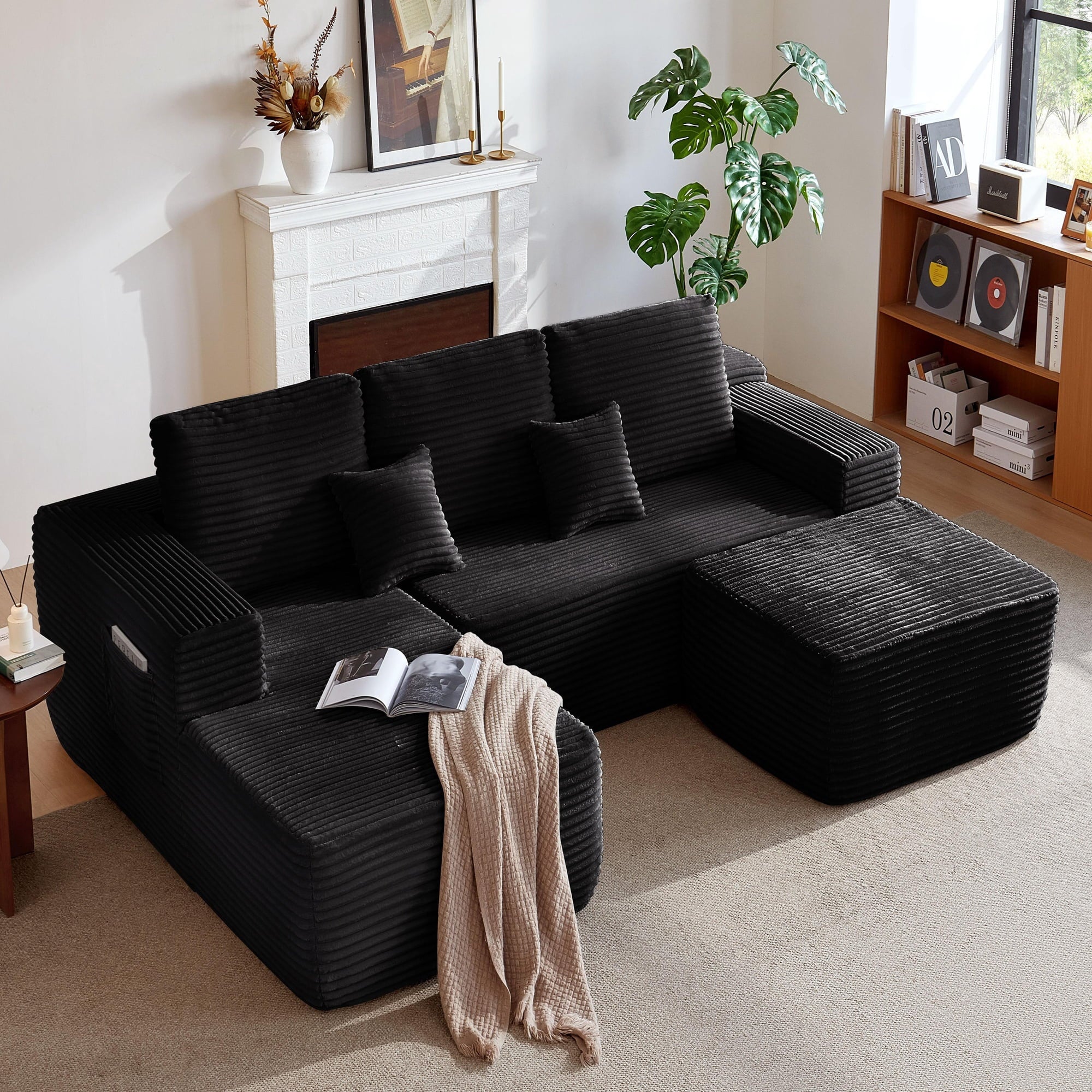 VORENE 104 Inch Cloud Sectional Sofa U Shape Chaise Side Pocket Modular Plush Fabric, Black