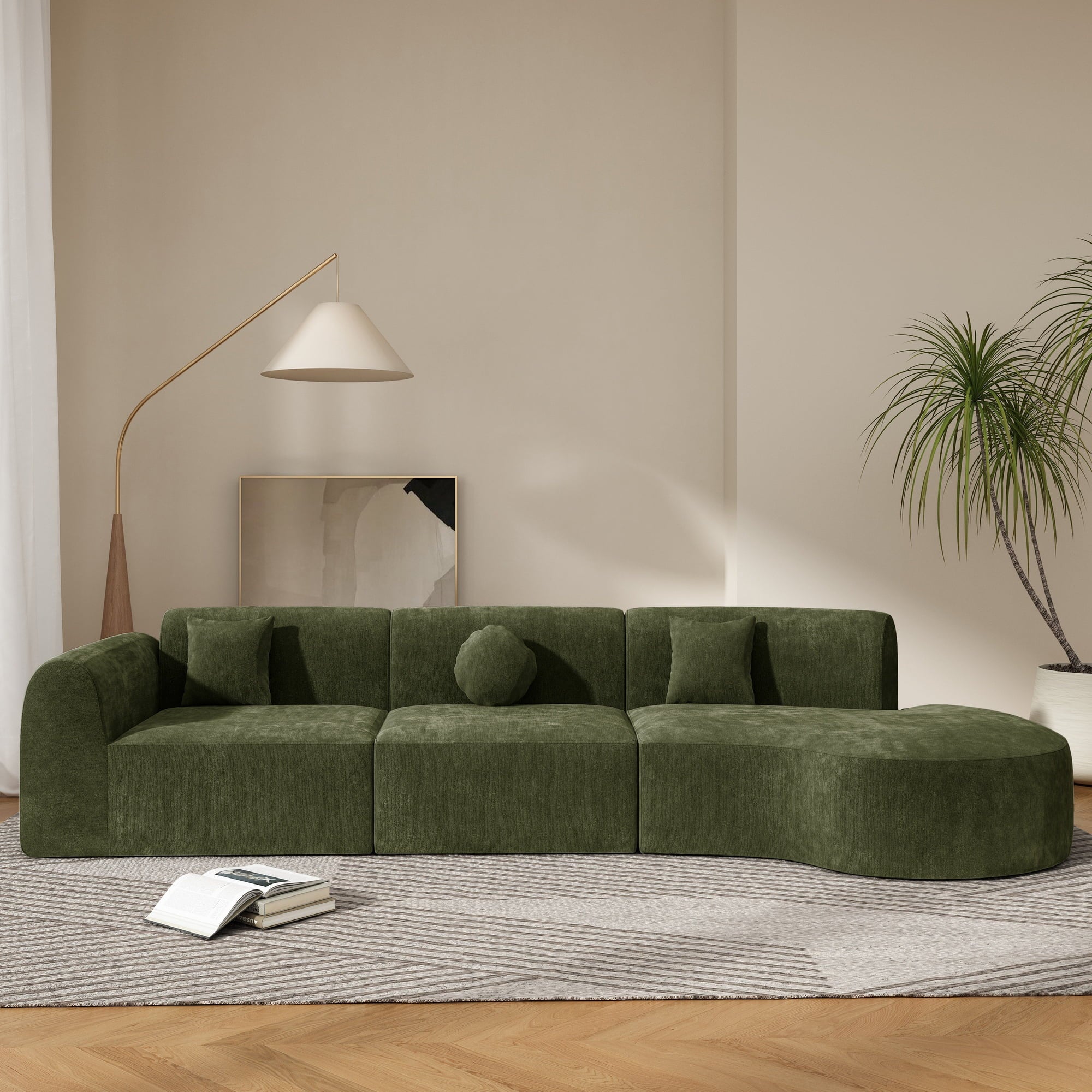 VORENE 140 Inch Curved Sectional Sofa High Density Sponge 3 Piece Fully Assembled Chaise Lounge