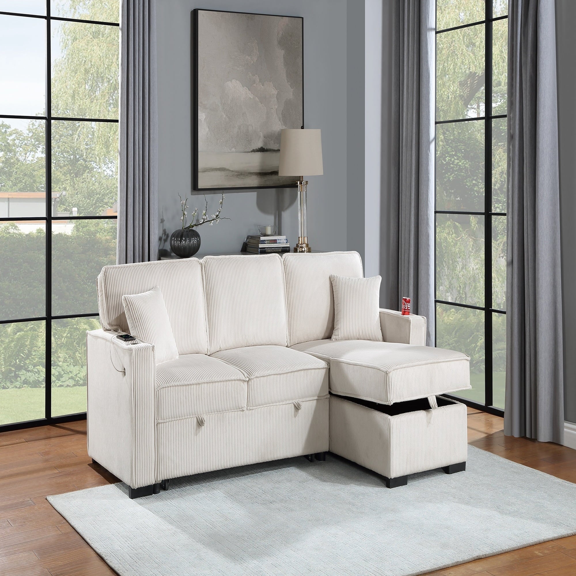 VORENE 2 Piece Convertible Corduroy Sectional Sofa Reversible Chaise With Storage And Bed, Beige