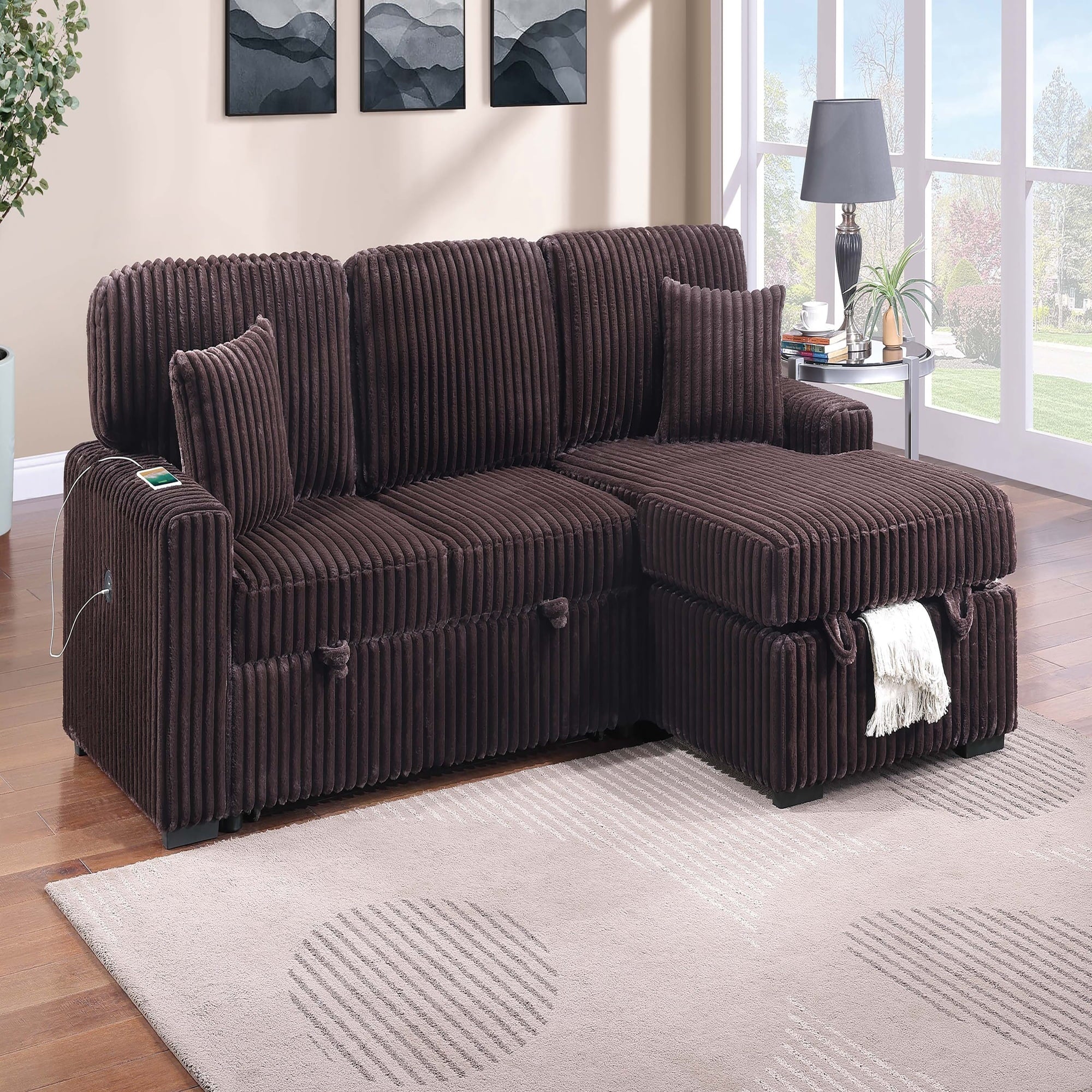 VORENE 2 Piece Convertible Sectional Sofa With Table Cup Holder USB Port And Storage, Coffee