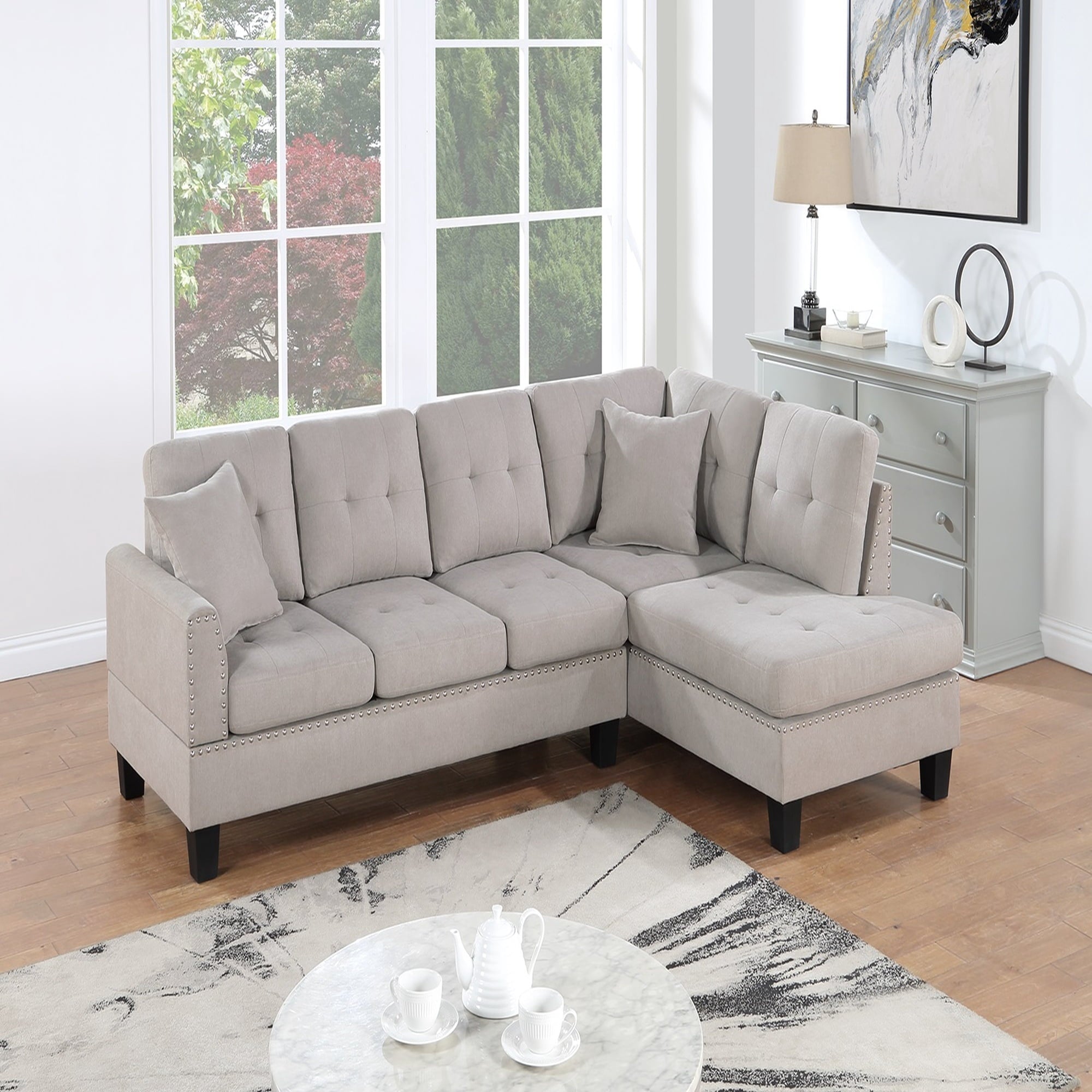 VORENE 2 Piece Tufted Velvet Sectional Sofa LAF RAF Chaise With Nailhead Details, Mushroom