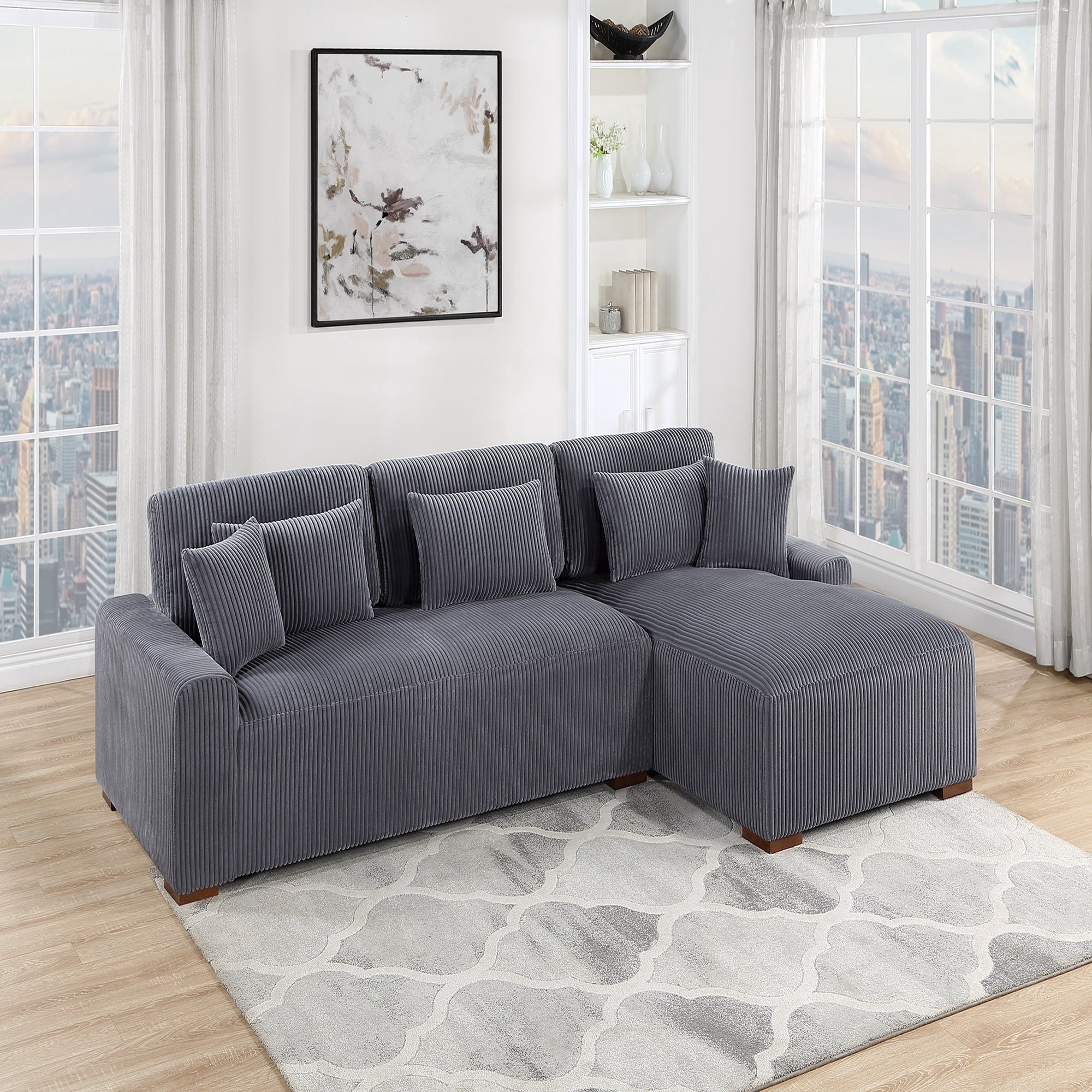 VORENE 2 Piece XL Plush Corduroy Sectional Sofa LAF And RAF Chaise For Living Room, Dark Gray