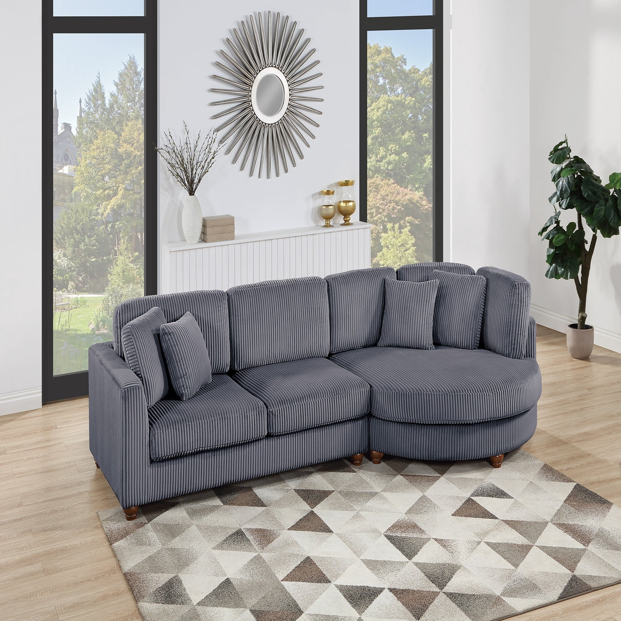 VORENE 2 Piece XL Plush Corduroy Sectional Sofa Round Chaise With Pillows, Dark Gray