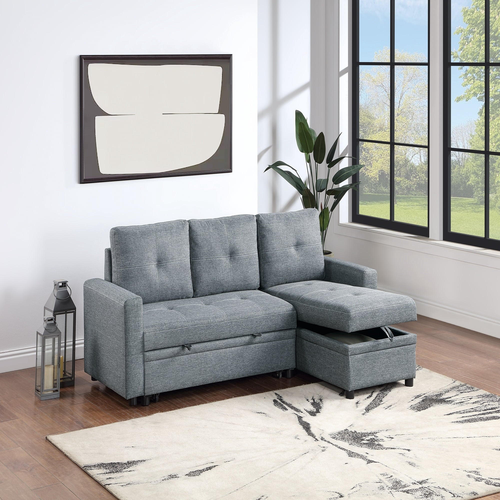 VORENE 2pc Convertible Polyfiber Sectional Sofa with Pull Out Bed and Storage Chaise, Black Gray