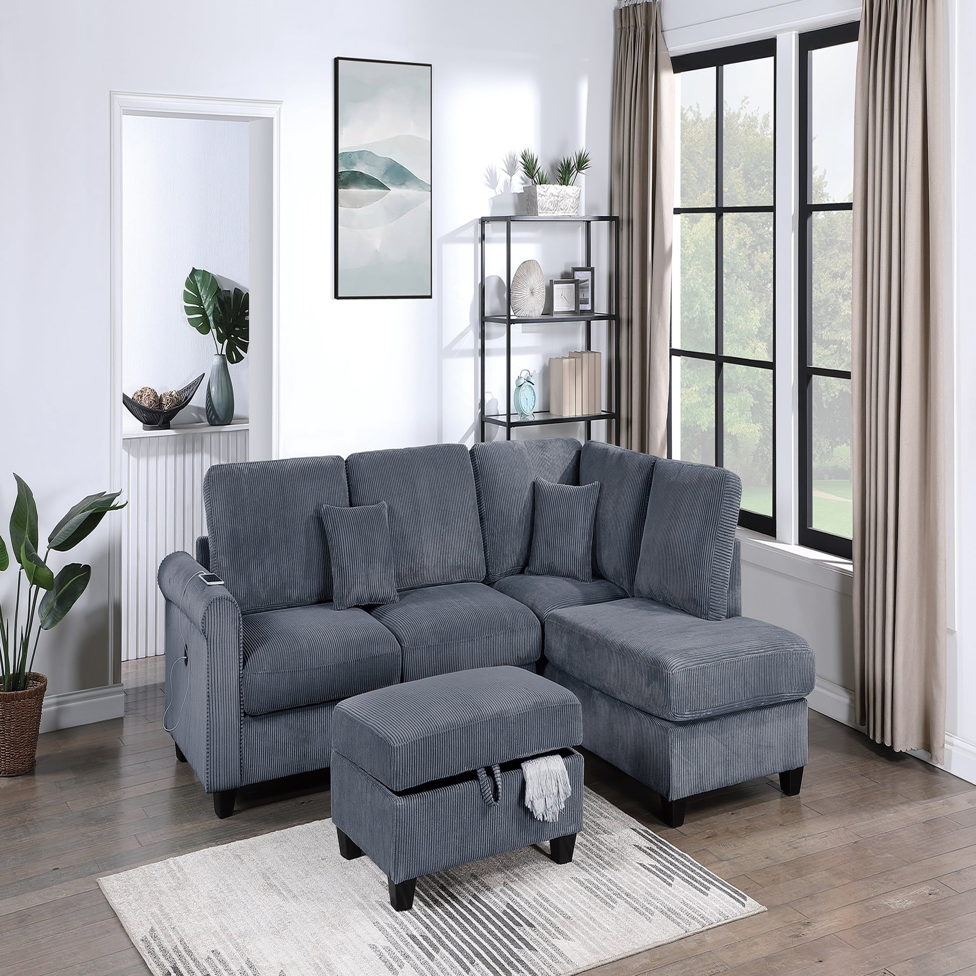 VORENE 3 Piece L Shaped Corduroy Sectional Sofa Set With Chaise And Ottoman, Dark Gray