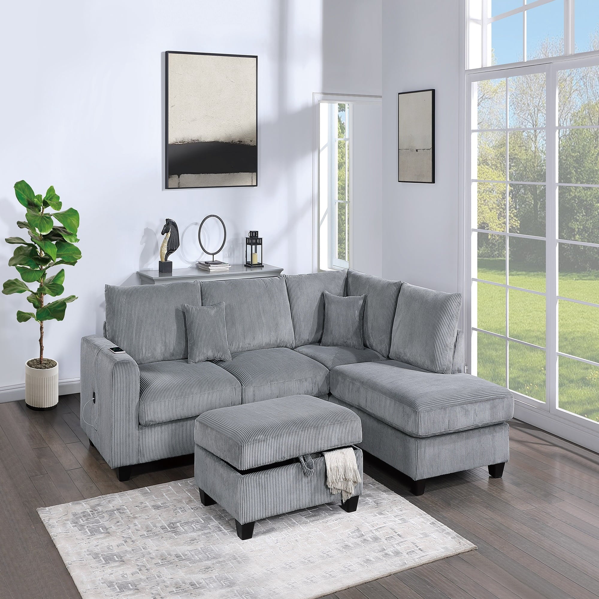 VORENE 3 Piece L Shaped Corduroy Sectional Sofa Set With Chaise And Ottoman, Fog