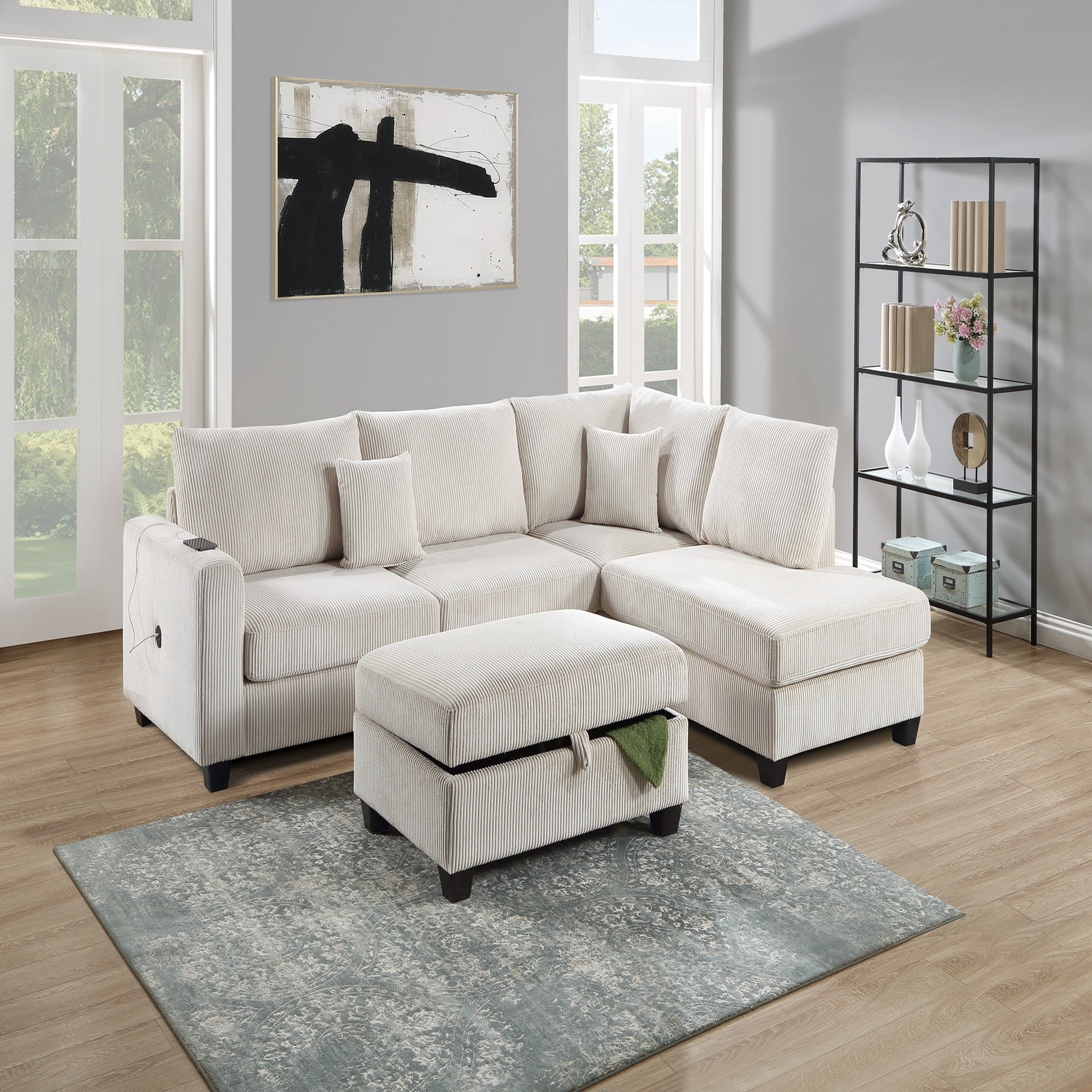 VORENE 3 Piece L Shaped Corduroy Sectional Sofa Set With Chaise And Ottoman, Ivory