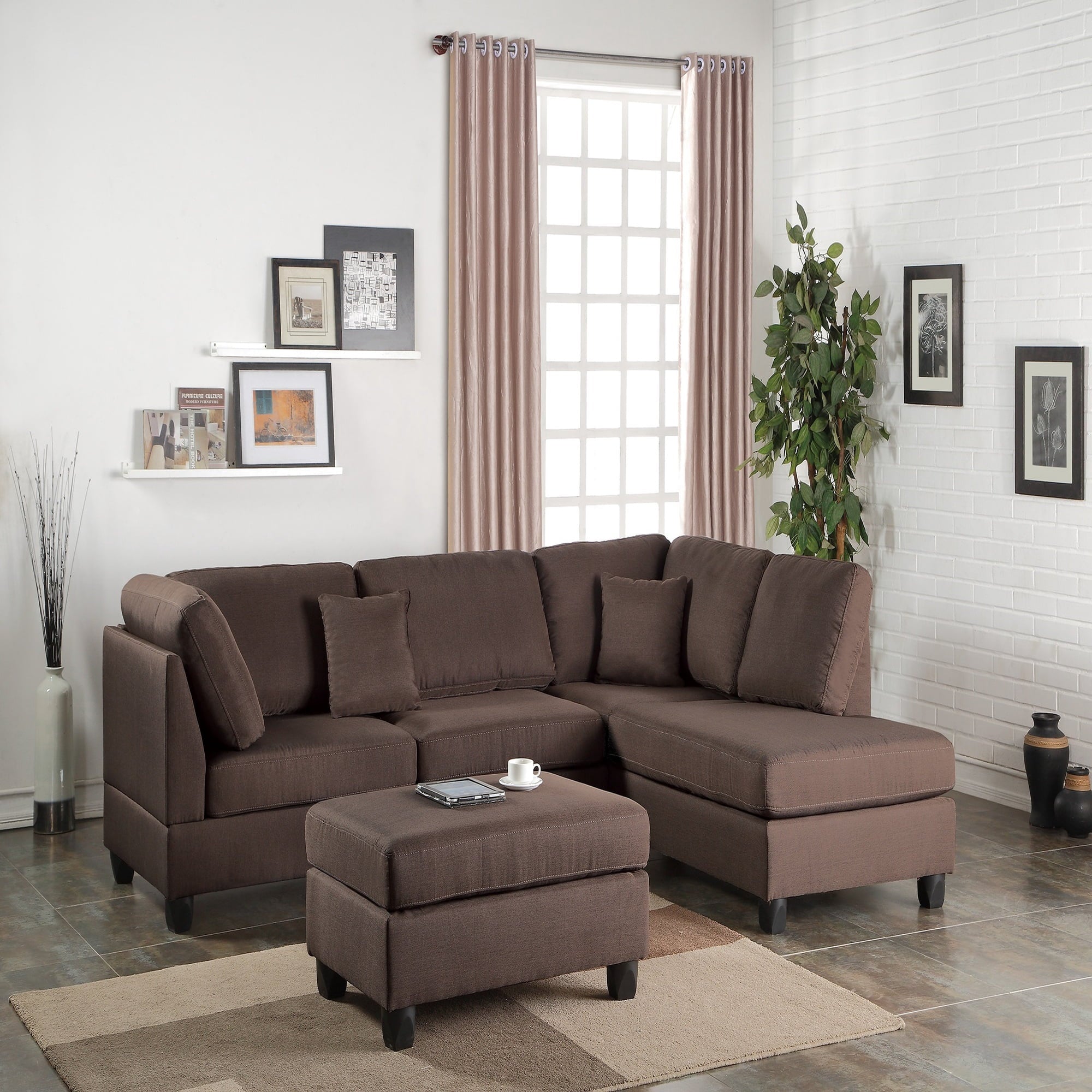 VORENE 3 Piece Reversible Sectional Sofa Linen Like Polyfiber With Ottoman, Chocolate