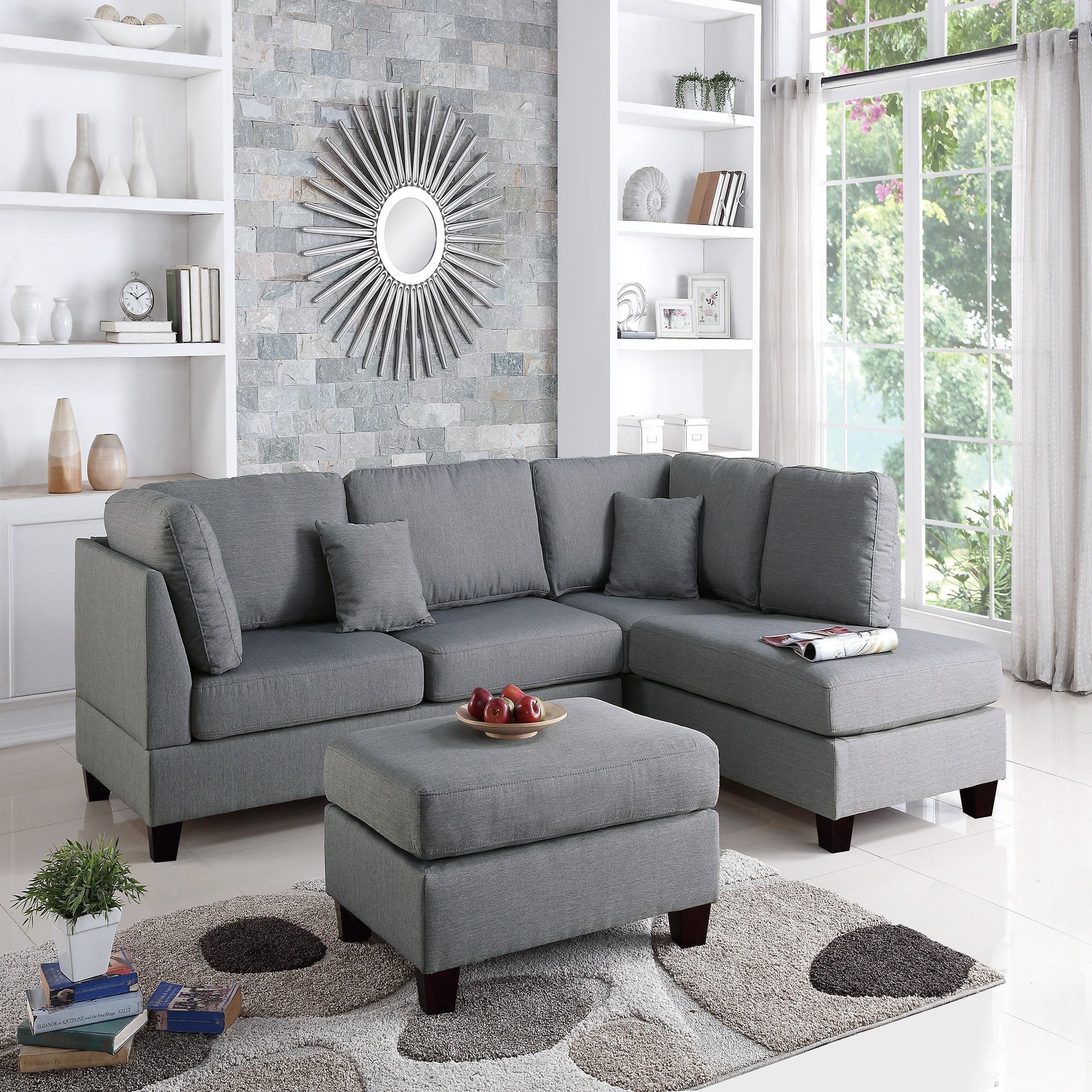 VORENE 3 Piece Reversible Sectional Sofa Set Linen Like Polyfiber With Ottoman For Living Room, Grey