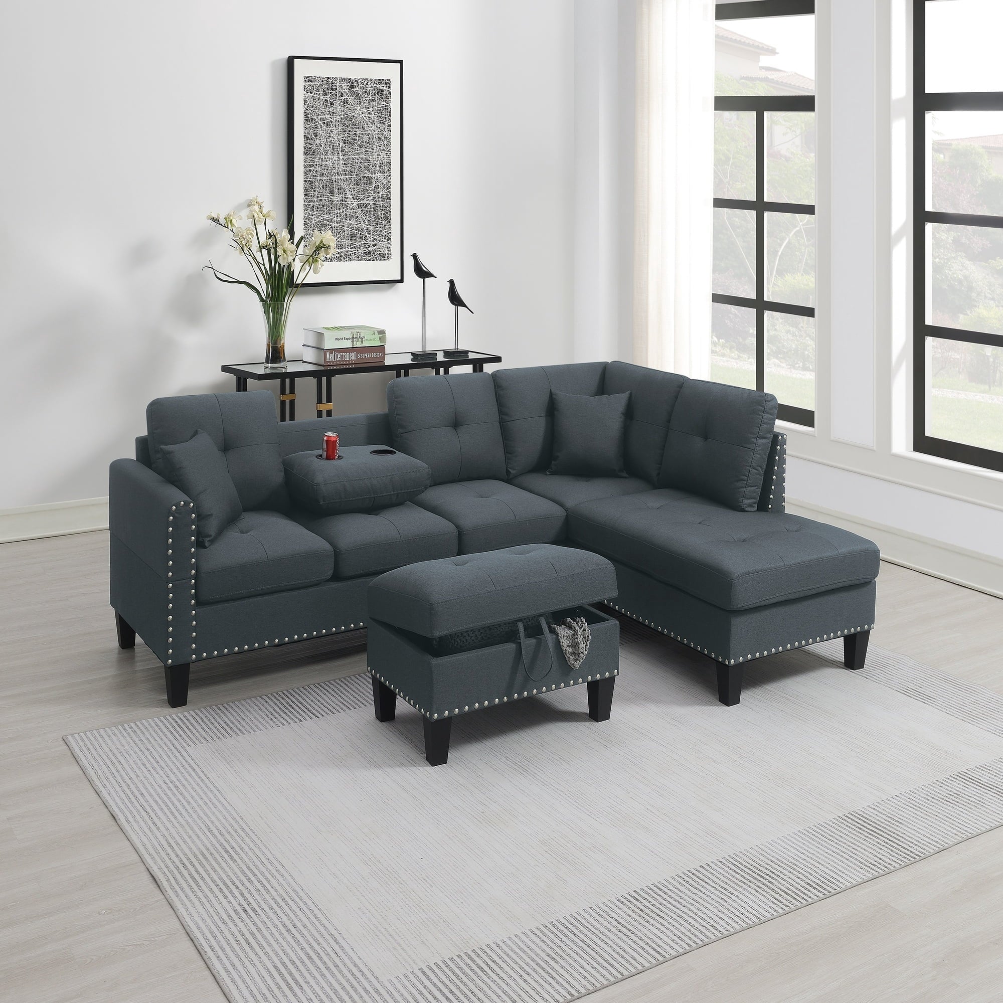 VORENE 3 Piece Sectional Sofa Set Linen Like Fabric With Ottoman And Cup Holder, Charcoal