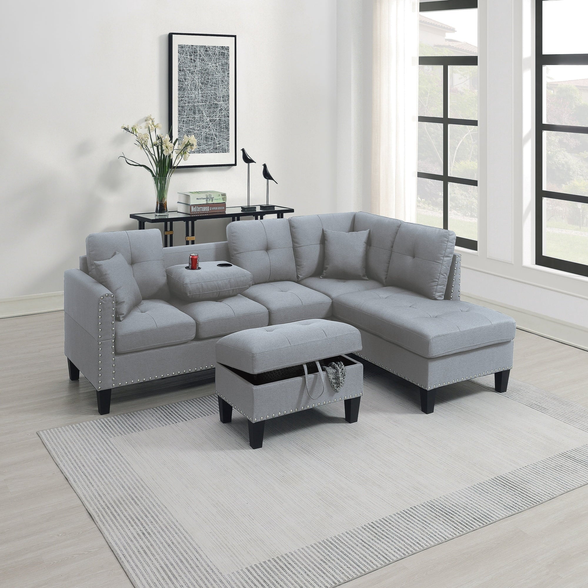VORENE 3 Piece Sectional Sofa Set Linen Like Fabric With Ottoman And Cup Holder, Taupe Grey