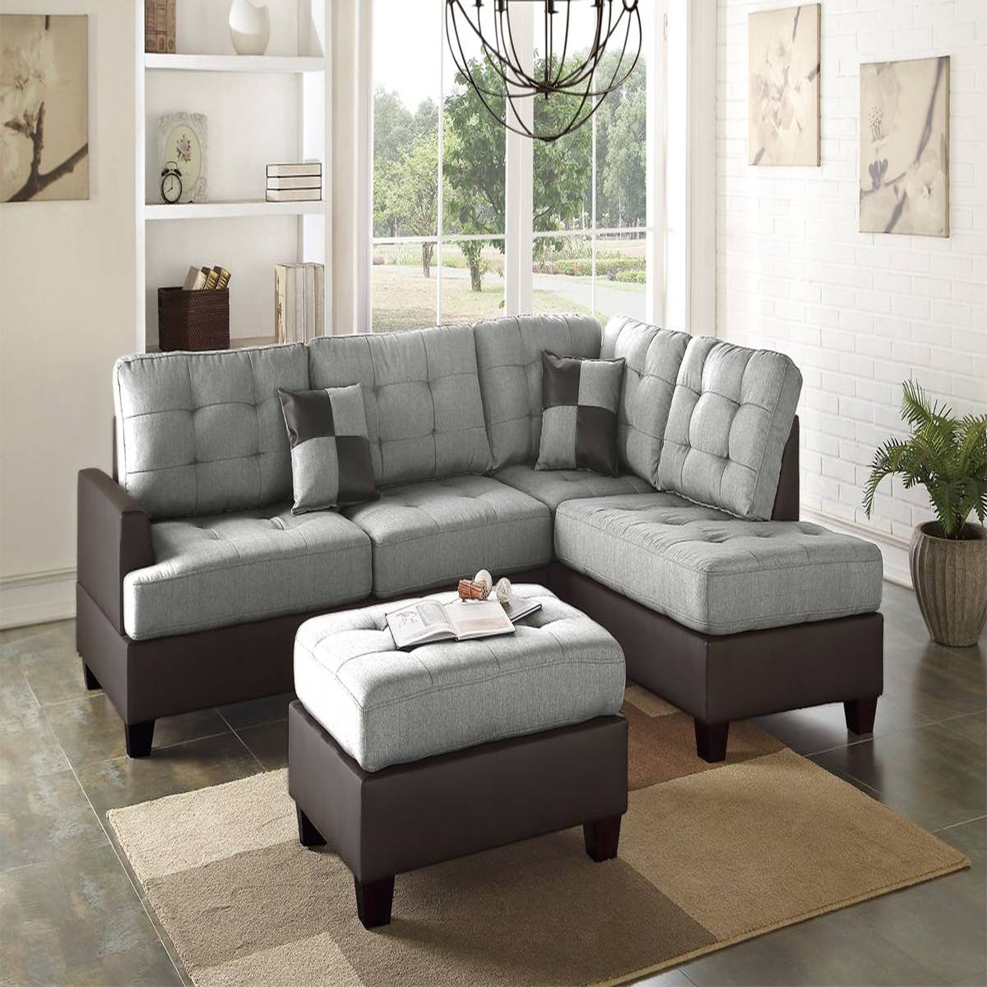VORENE 3 Piece Tufted Reversible Sectional Sofa Linen Like Fabric With Chaise, Grey