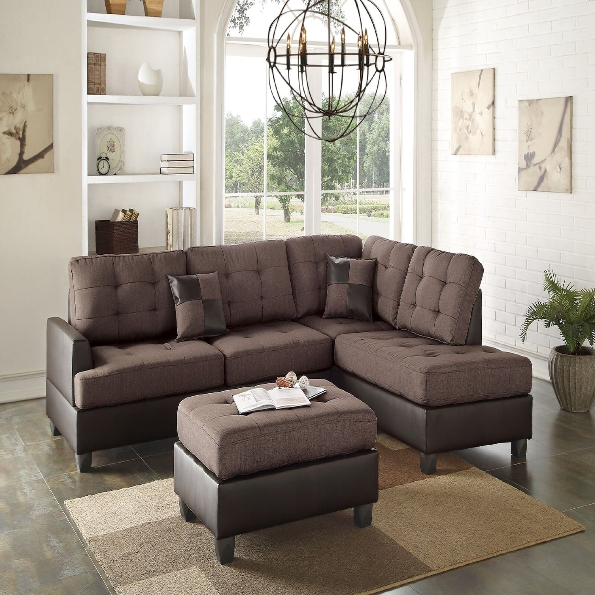 VORENE 3 Piece Tufted Reversible Sectional Sofa Set With Chaise And Ottoman, Chocolate