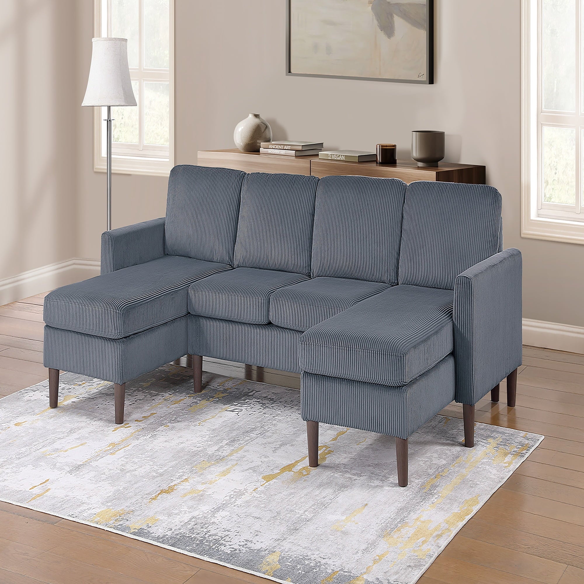 VORENE 3pc Corduroy Sectional Sofa with LAF RAF Chaise and Armless Loveseat, Dark Gray