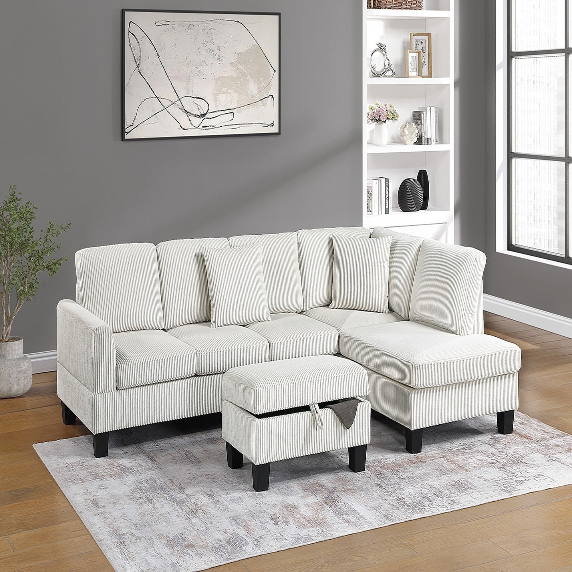 VORENE 3pc Corduroy Sectional Sofa with RAF Chaise LAF Sofa and Storage Ottoman, Beige