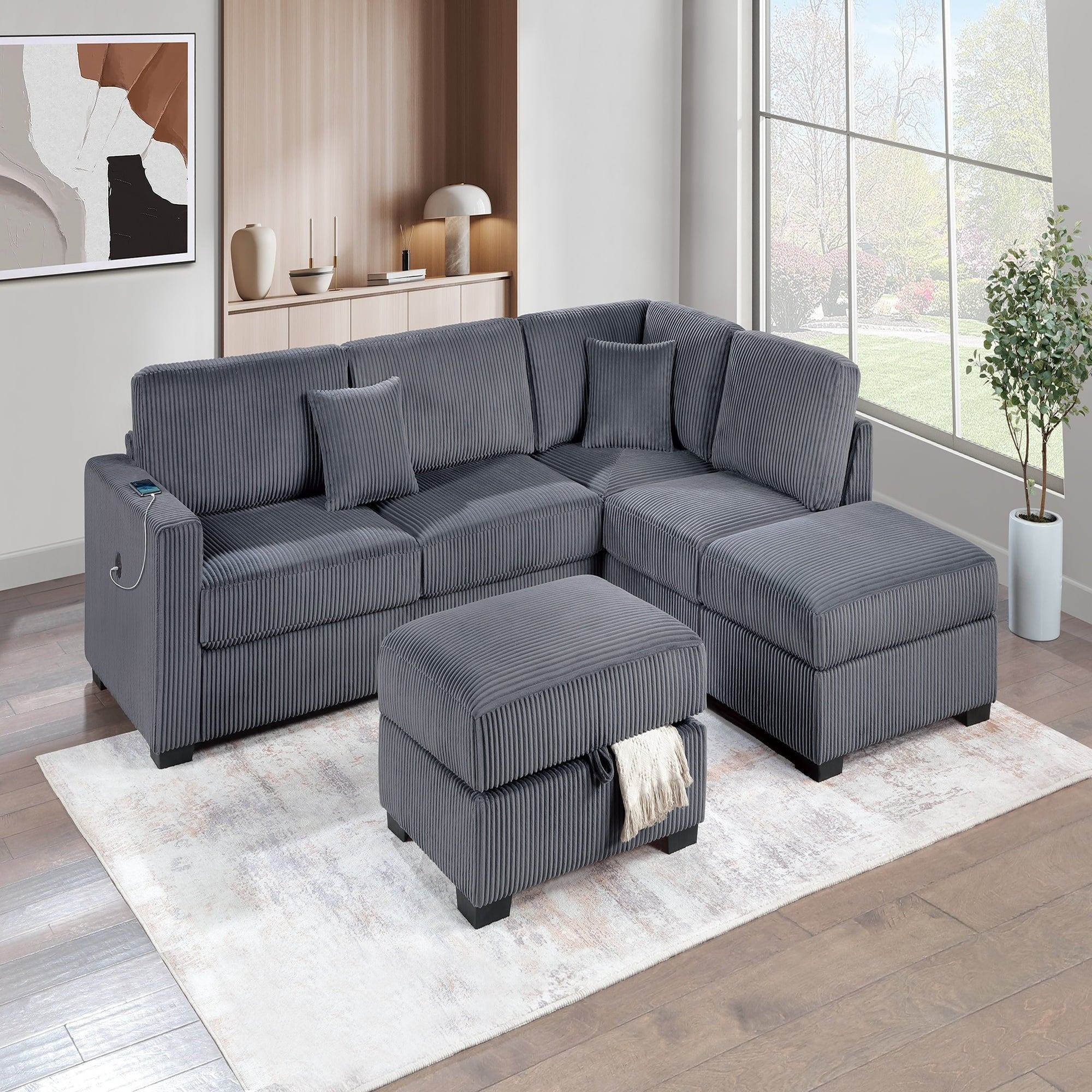 VORENE 3pc Reversible Corduroy Sectional Sofa with USB Port and Storage Ottoman, Dark Gray