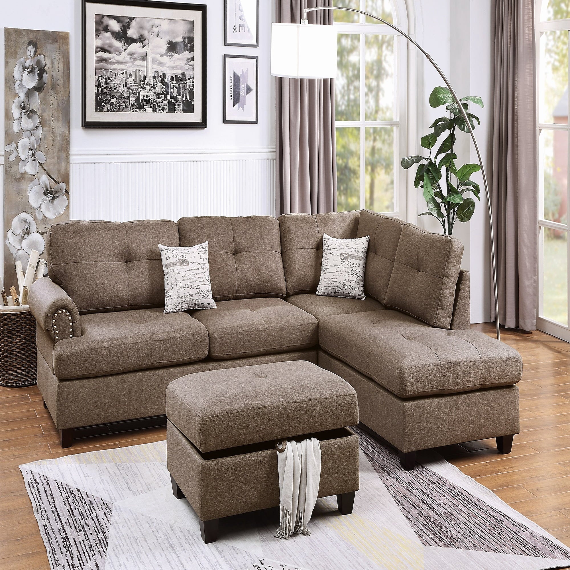 VORENE 3pc Reversible Fabric Sectional Sofa with Chaise Ottoman and Decor Pillows, Mocha