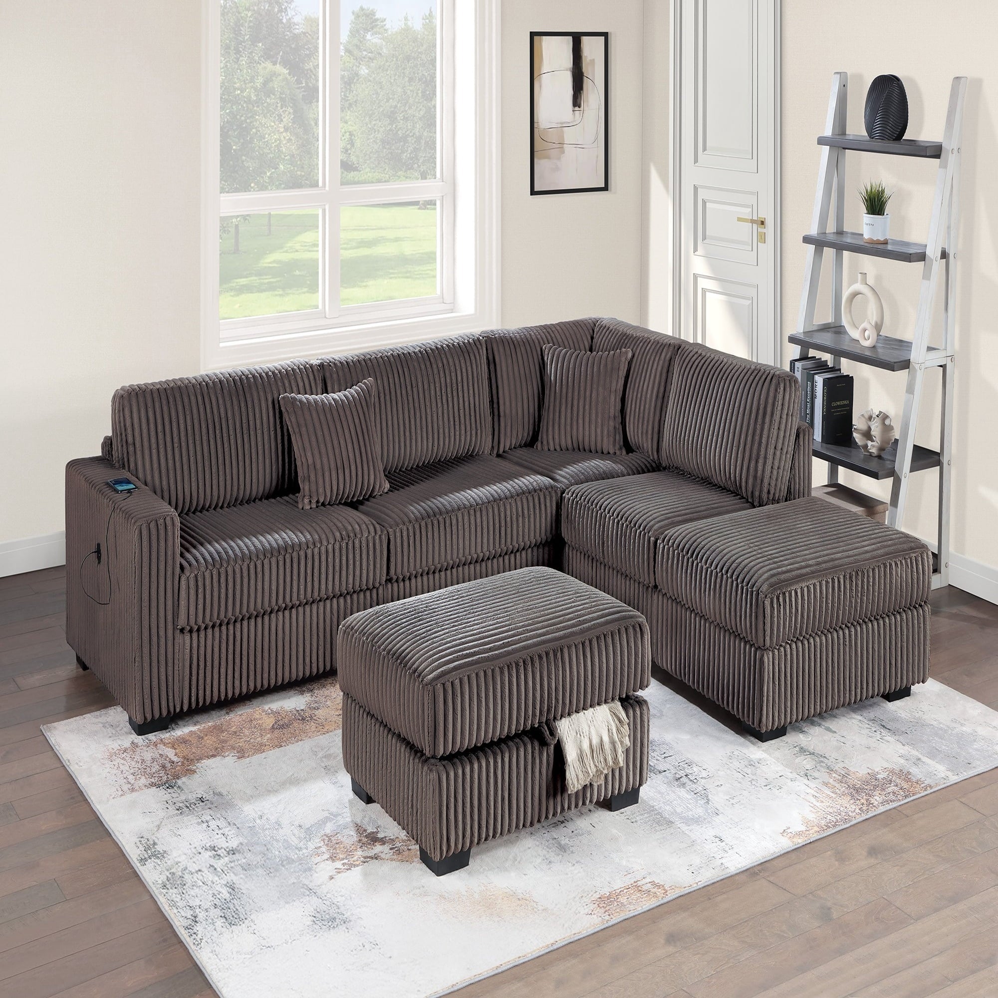 VORENE 3pc Reversible Fur Texture Corduroy Sectional Sofa with USB Storage Ottoman, Chocolate