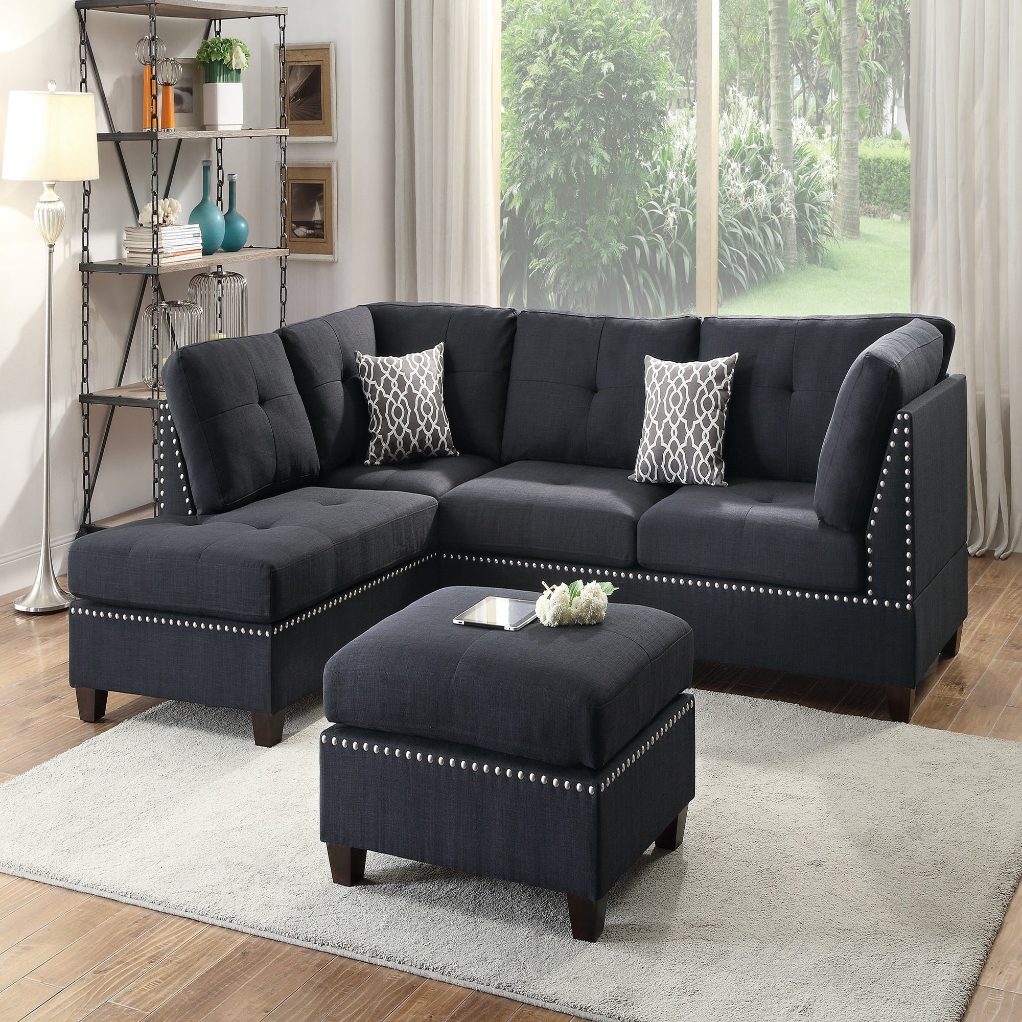 VORENE 3pc Reversible Polyfiber Sectional Sofa with Chaise Ottoman and Throw Pillows, Black