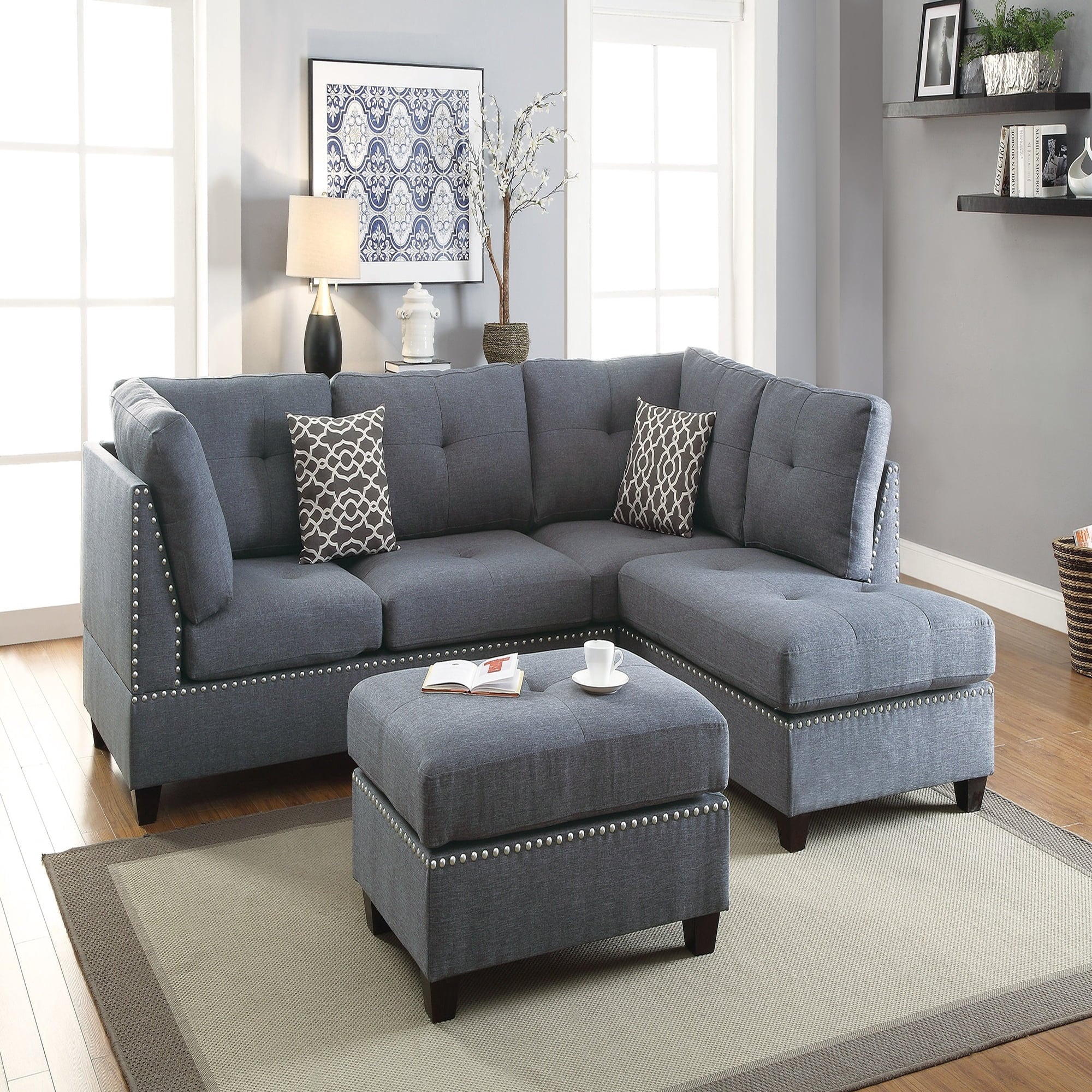 VORENE 3pc Reversible Polyfiber Sectional Sofa with Chaise and Ottoman, Blue Gray