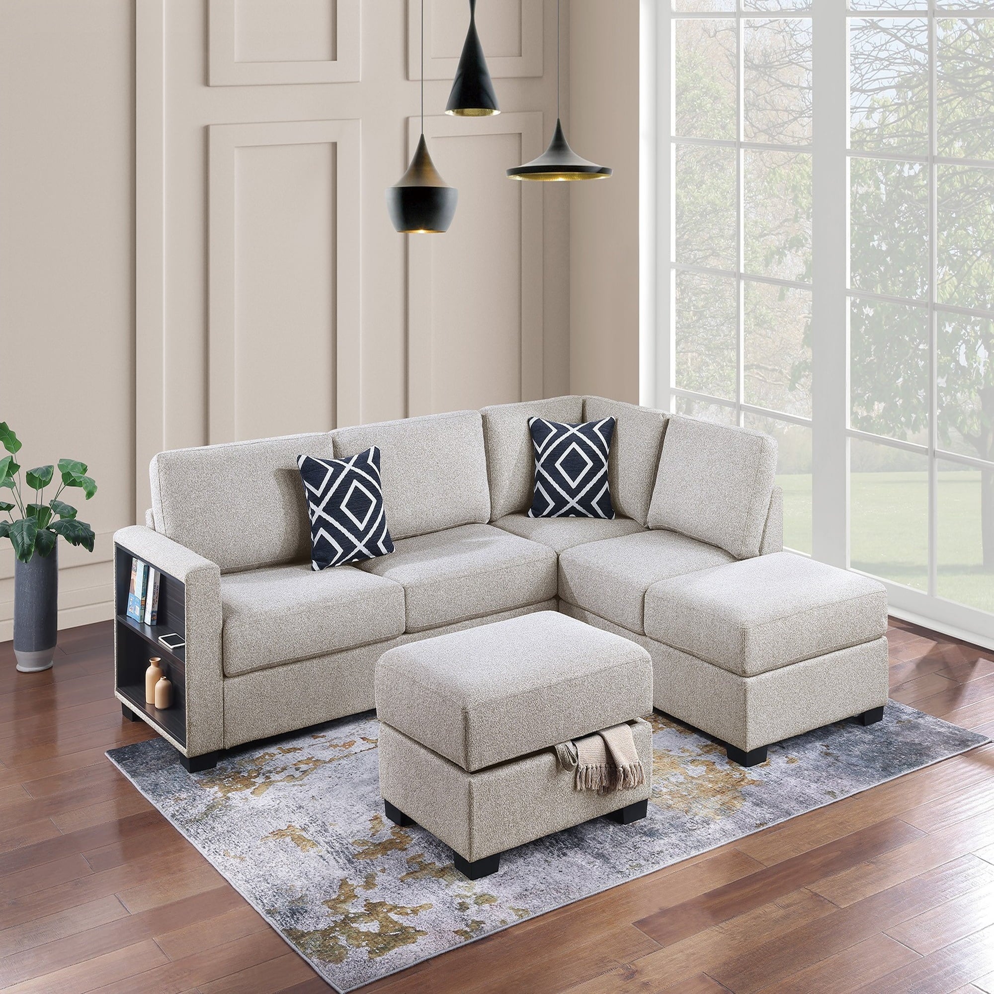 VORENE 3pc Reversible Sectional Sofa with Storage Ottoman and Built-in Shelf, Beige