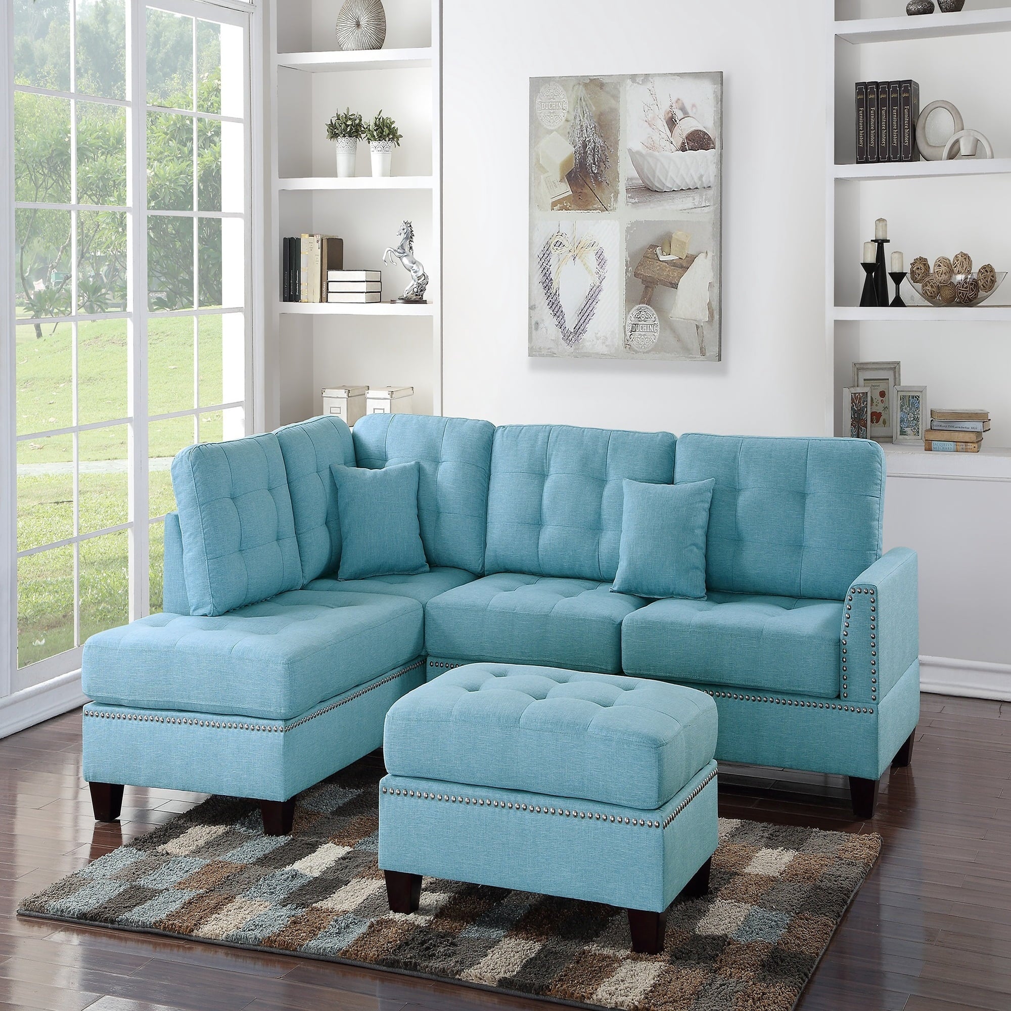 VORENE 3pc Reversible Tufted Polyfiber Sectional Sofa Set with Chaise and Ottoman, Blue