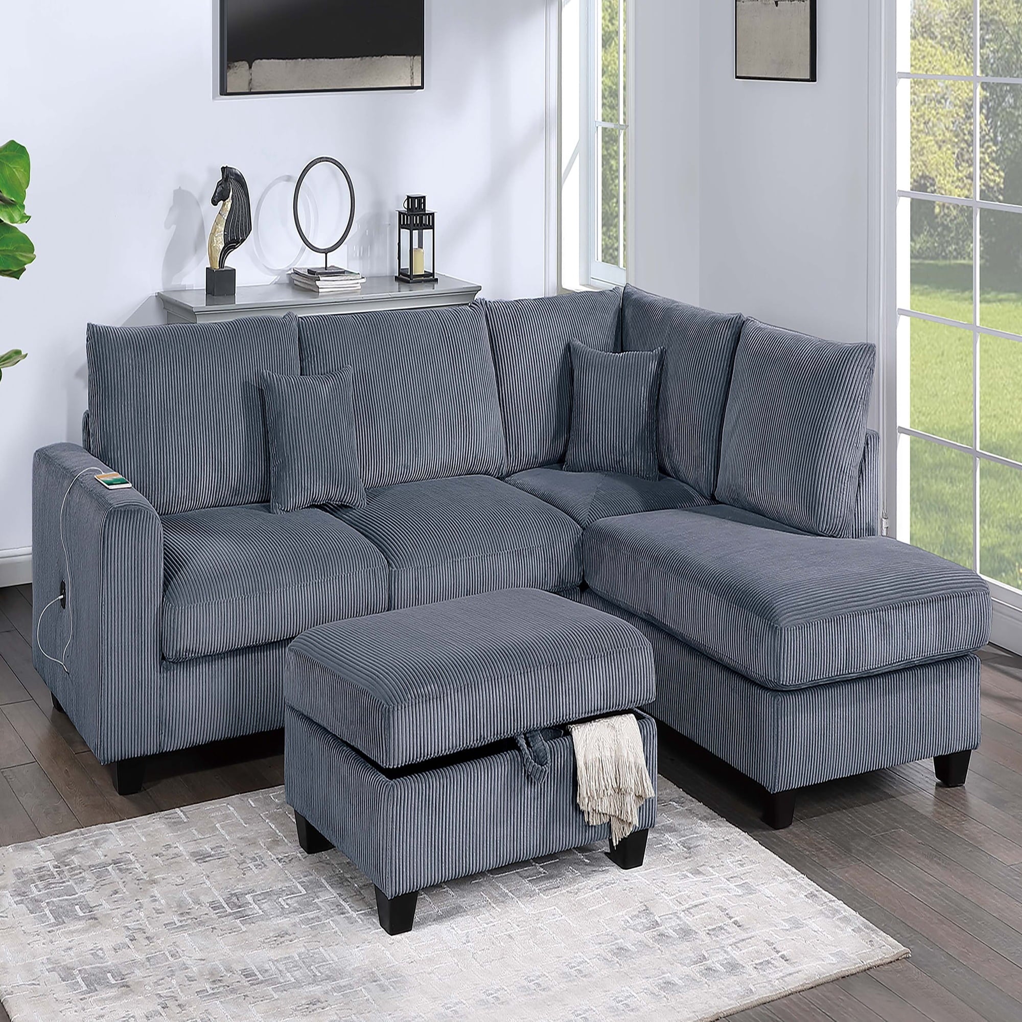 VORENE 3pc Sectional Sofa with Right Arm Chaise Left Arm Sofa and USB Storage Ottoman, Dark Gray