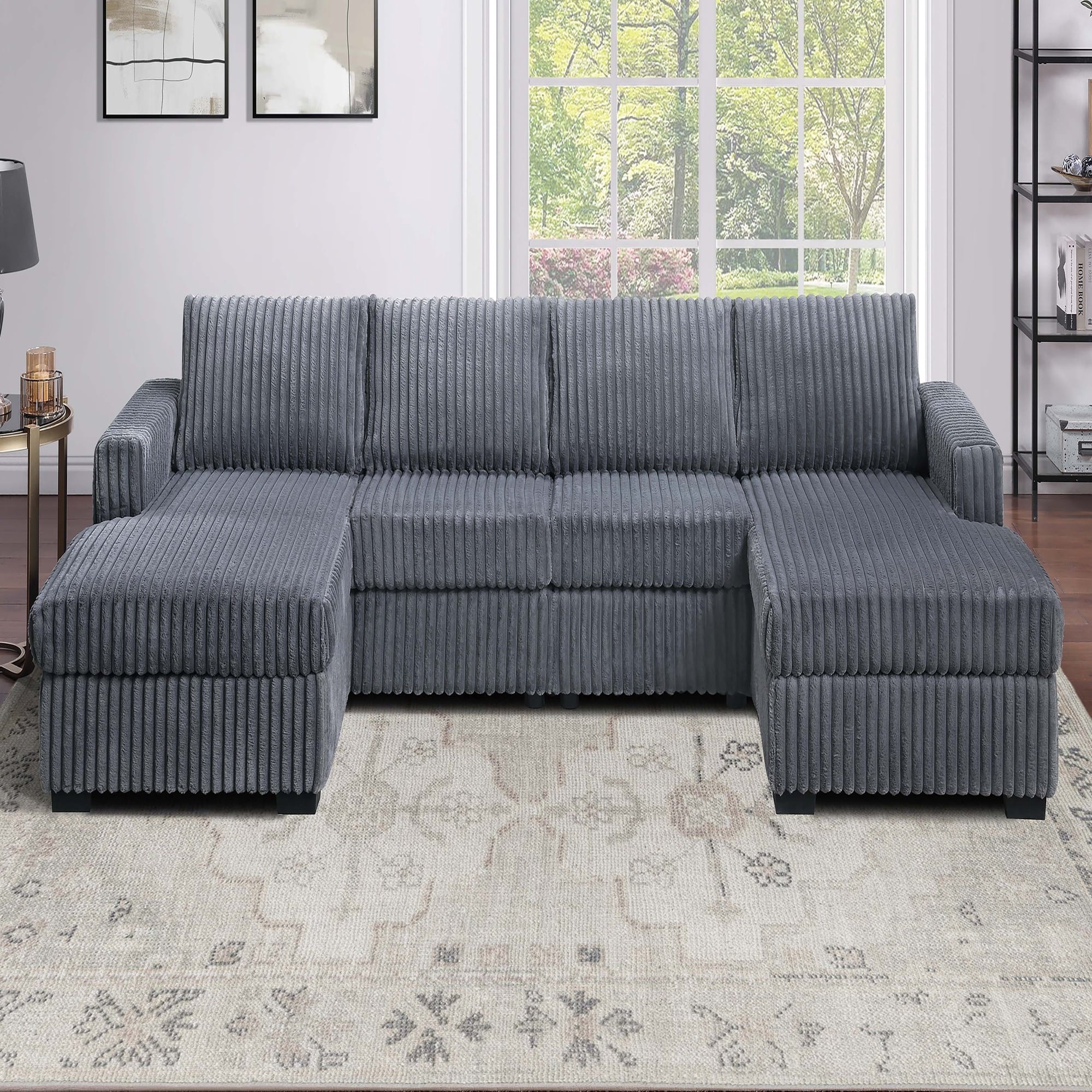 VORENE 3pc U Shaped Sectional Sofa Set with Armless Chairs and Dual Chaise Design, Dark Gray