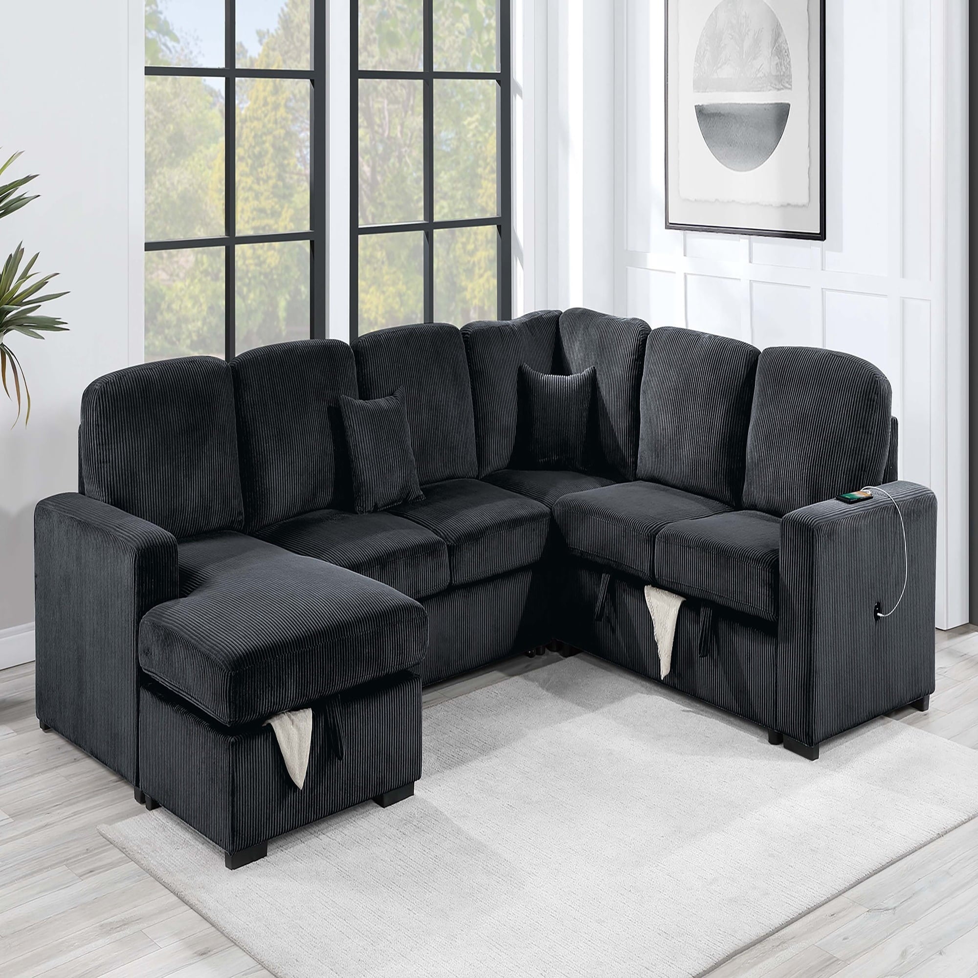 VORENE 4 Piece Convertible Corduroy Sectional Sofa With Bed Storage And USB Port, Black
