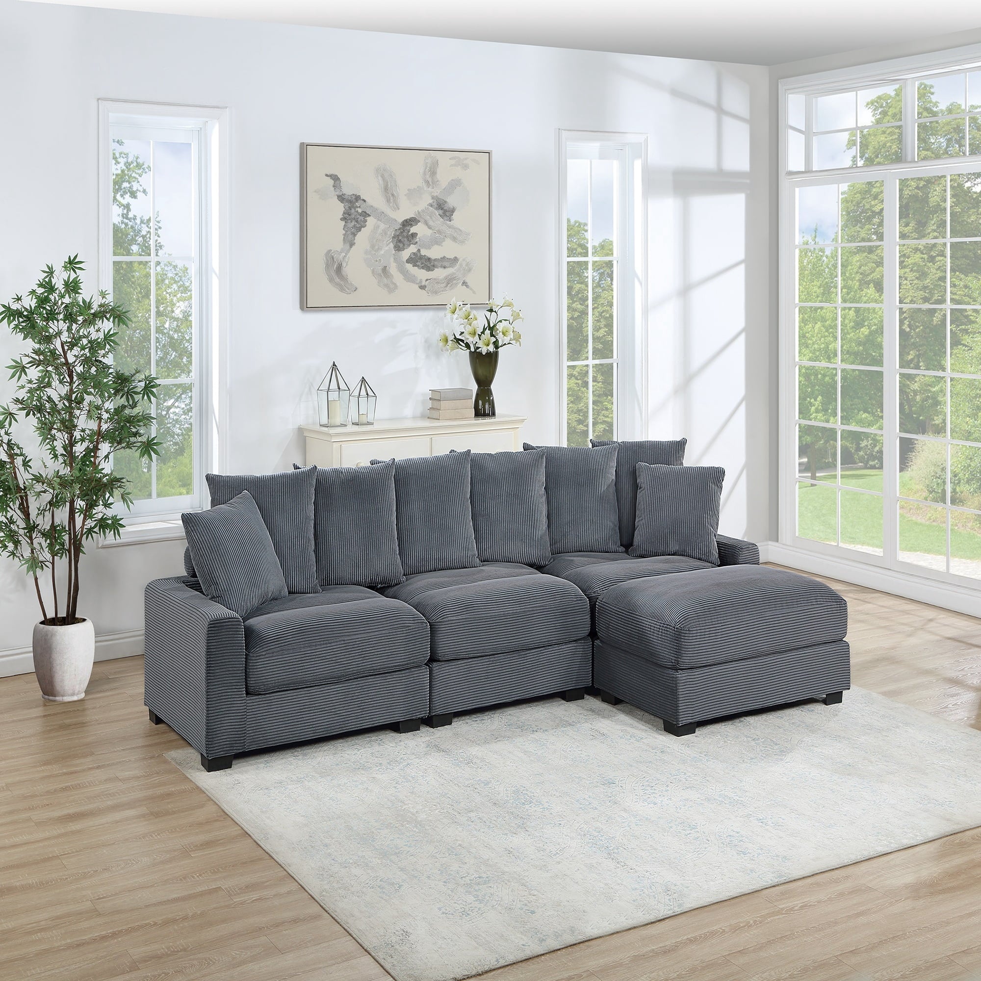 VORENE 4 Piece Modular Sectional Sofa Corduroy Upholstered With Chairs And Ottoman, Dark Gray