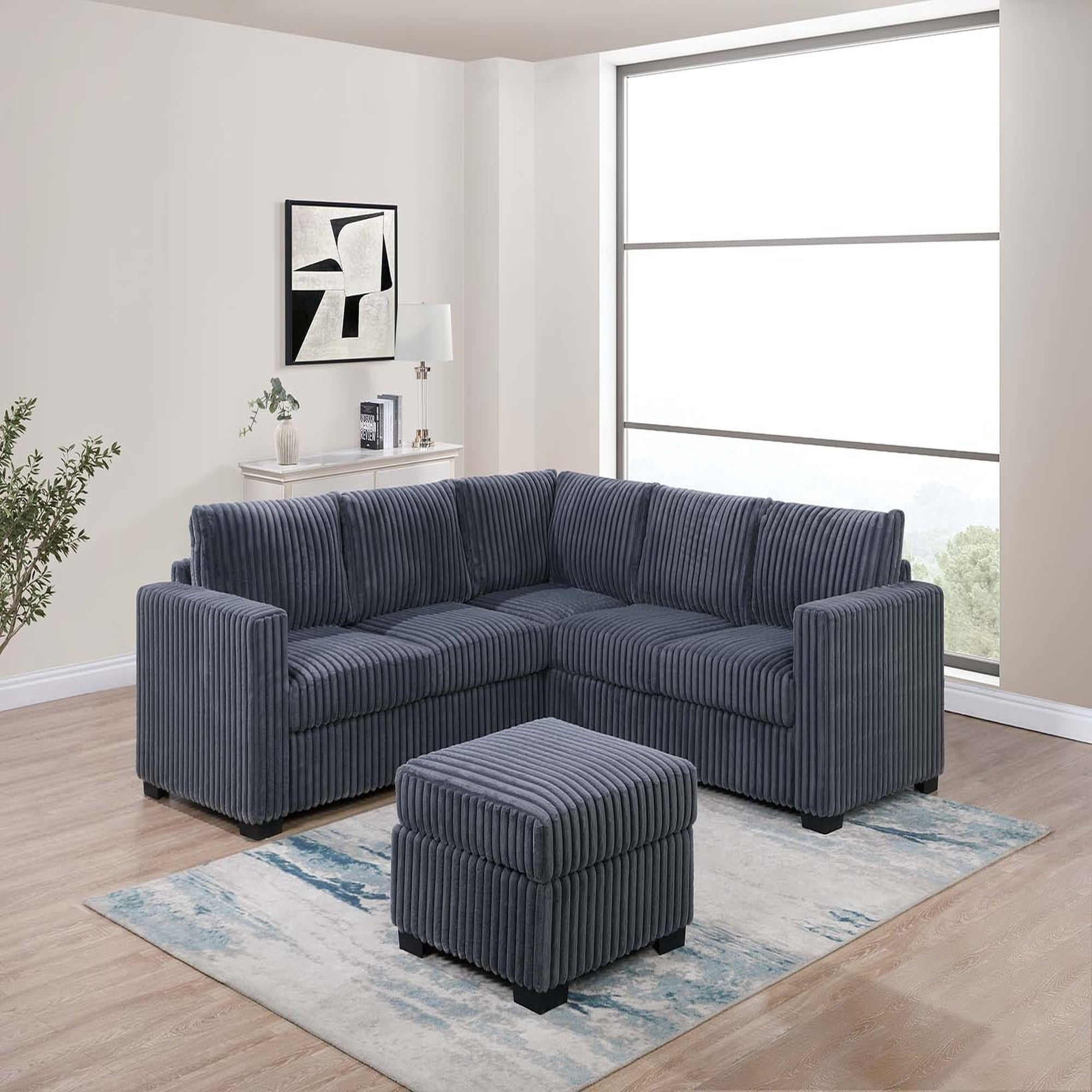 VORENE 4pc Corduroy Sectional Set with One Arm Loveseat Corner Wedge and Ottoman, Dark Gray