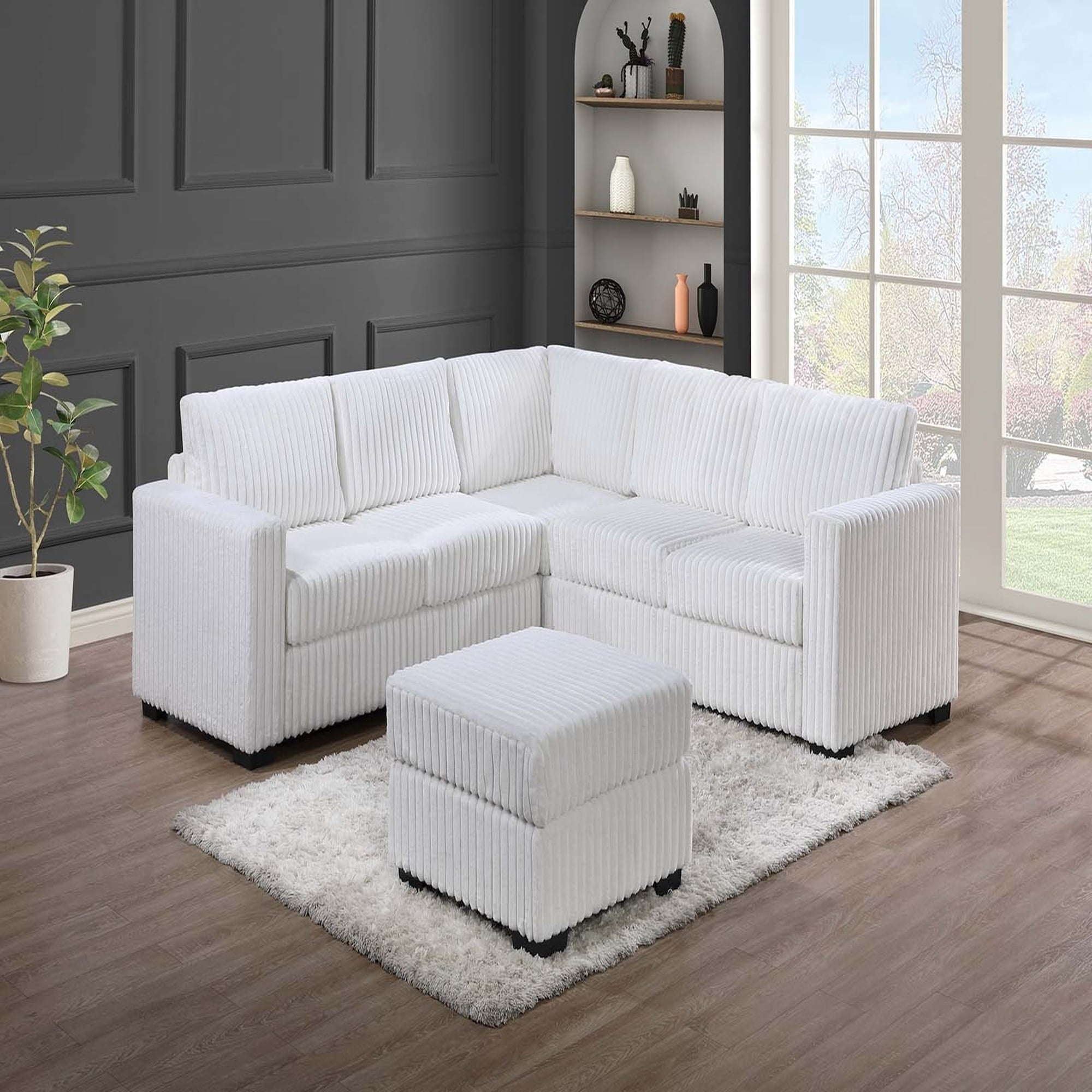 VORENE 4pc Corduroy Sectional Set with One Arm Loveseat Corner Wedge and Ottoman, Milk