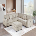 VORENE 4pc Corduroy Sectional Set with One Arm Loveseat USB Port Wedge and Ottoman, Camel
