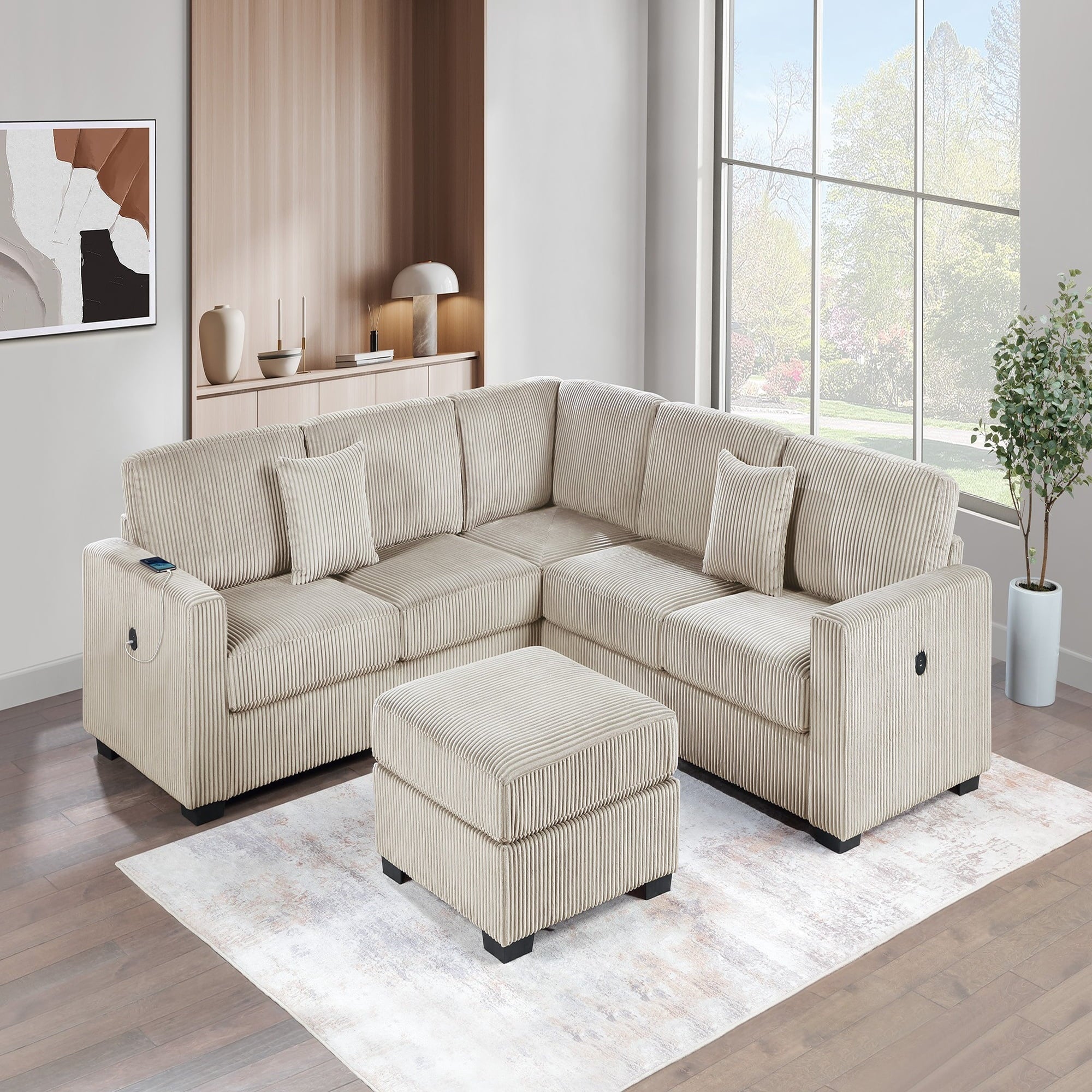 VORENE 4pc Corduroy Sectional Set with One Arm Loveseat USB Port Wedge and Ottoman, Camel