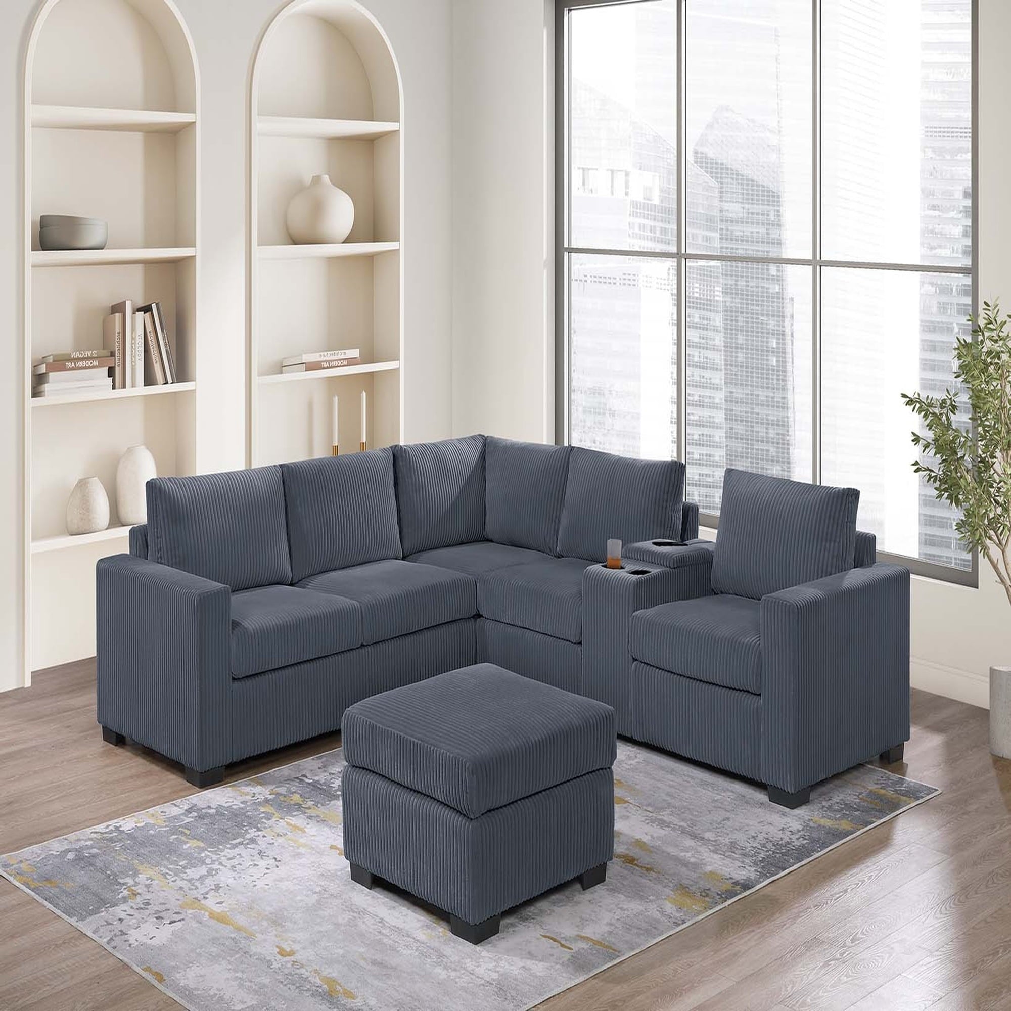 VORENE 4pc Dark Gray Corduroy Sectional Set with Loveseat Wedge Console and Ottoman, Dark Gray