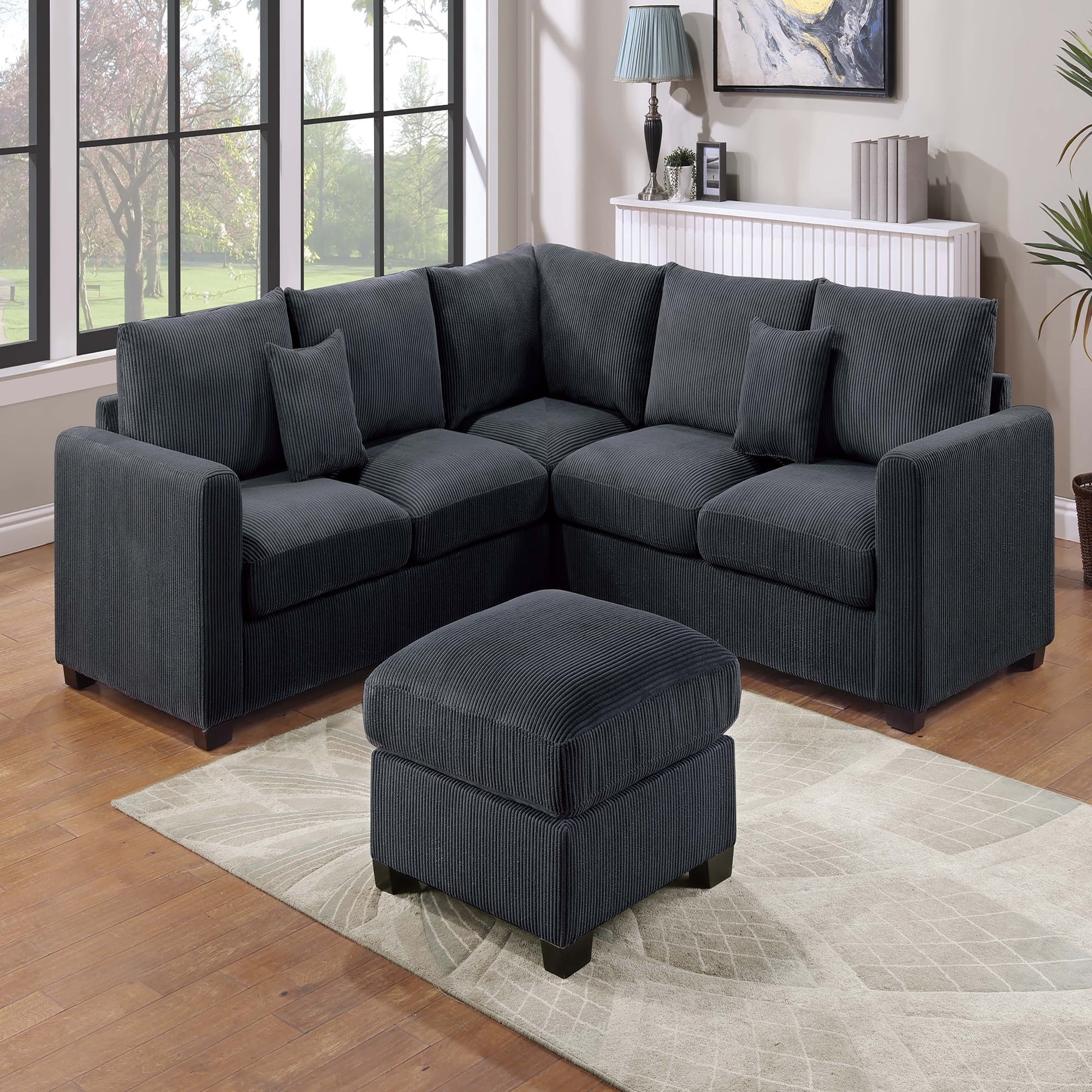VORENE 4pc L Shaped Corduroy Sectional Set with Cocktail Ottoman and Accent Pillows, Black