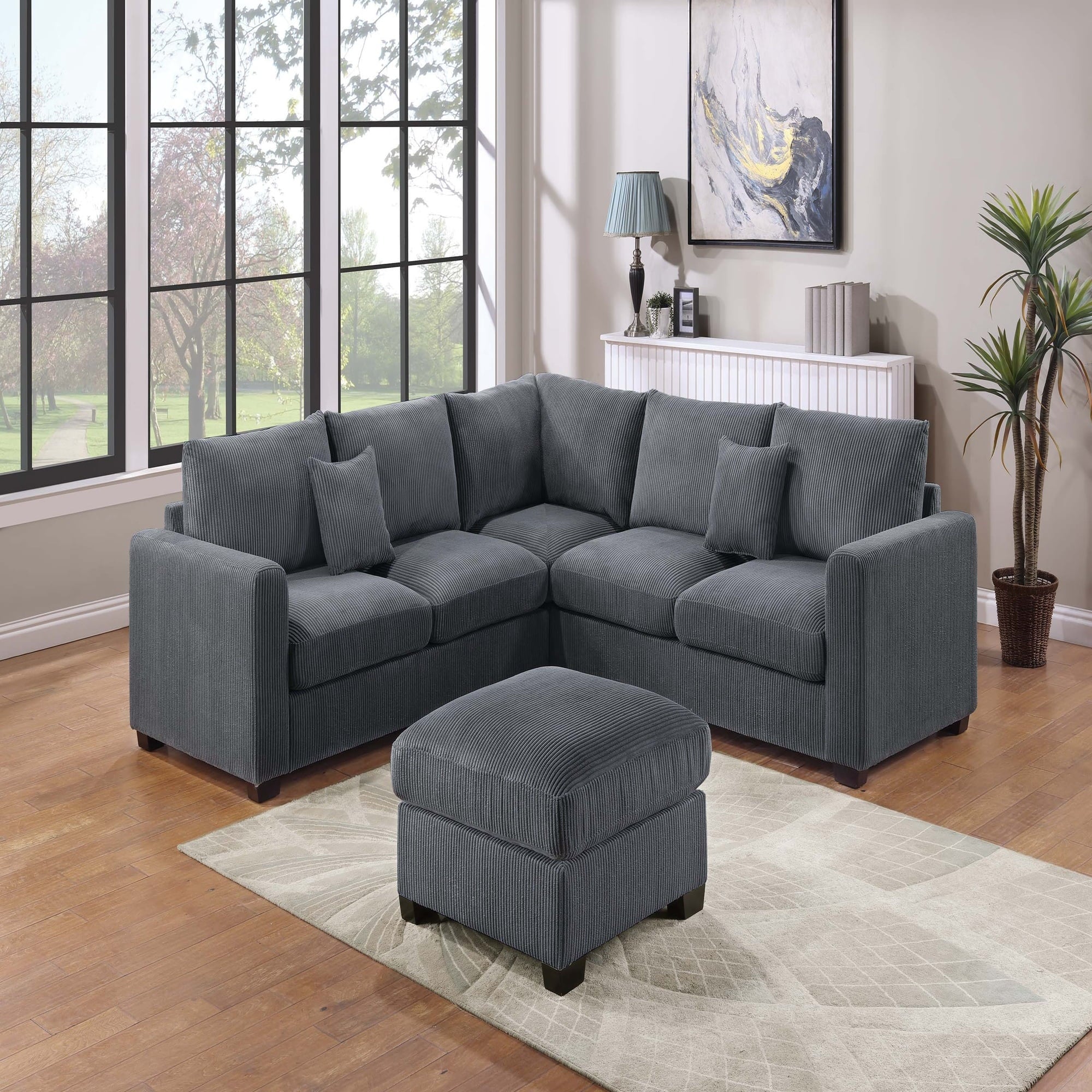 VORENE 4pc L Shaped Corduroy Sectional Set with Cocktail Ottoman and Accent Pillows, Dark Gray