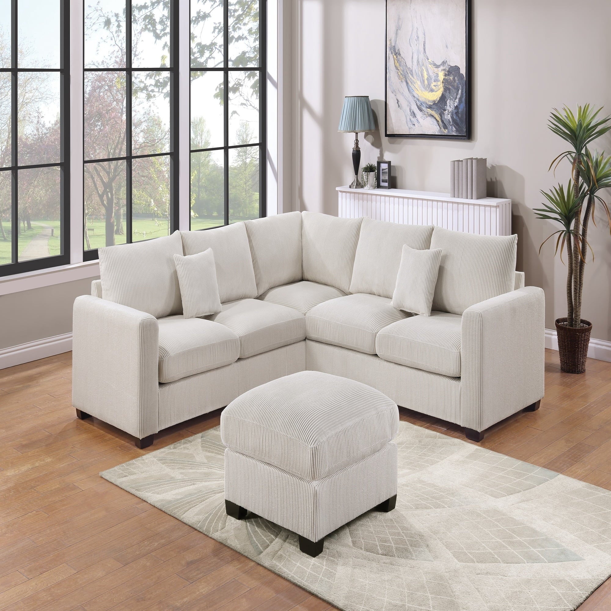 VORENE 4pc L Shaped Corduroy Sectional Set with LAF RAF Loveseat Wedge and Ottoman, Ivory