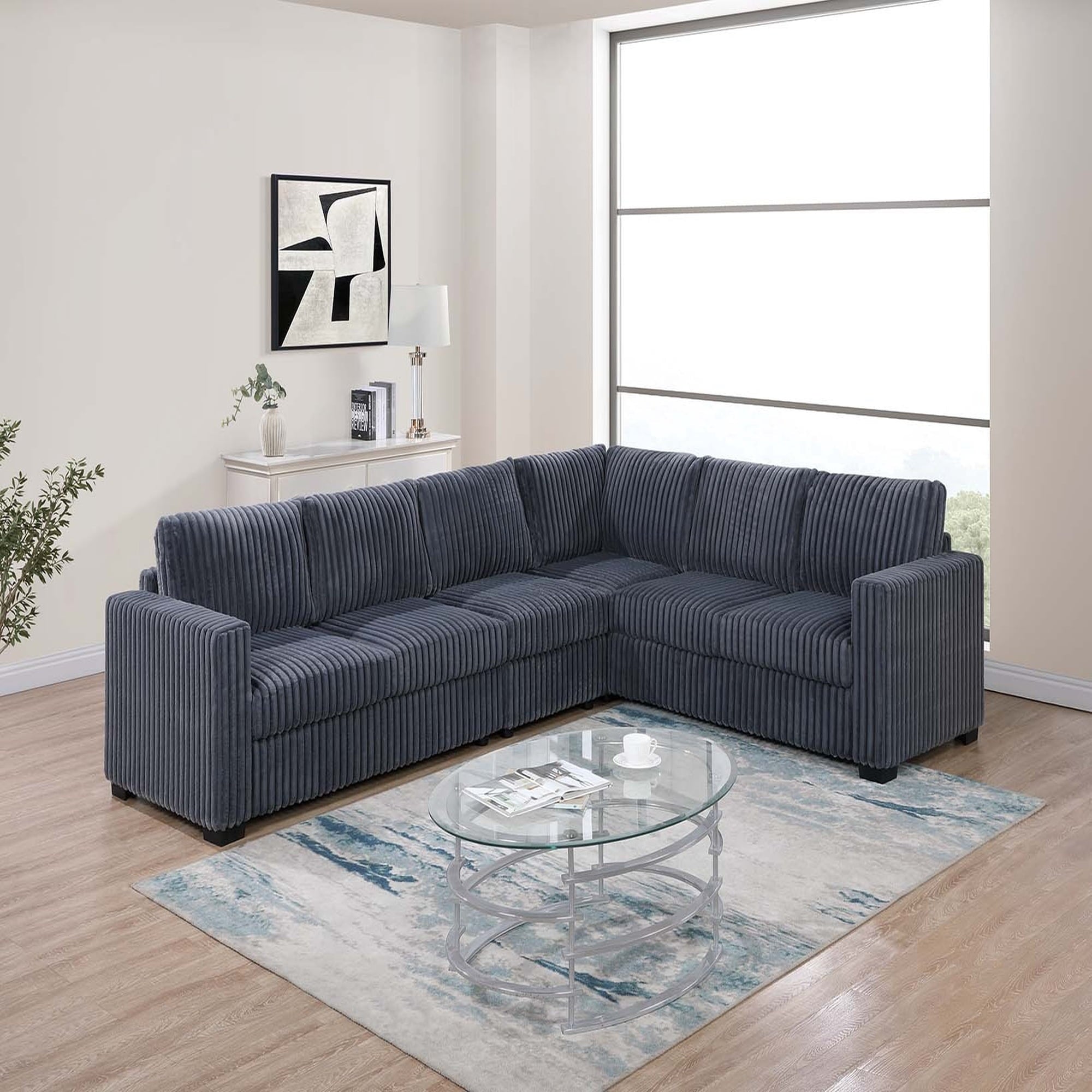 VORENE 4pc L Shaped Corduroy Sectional Set with One Arm Loveseat Wedge and Armless Chair, Dark Gray