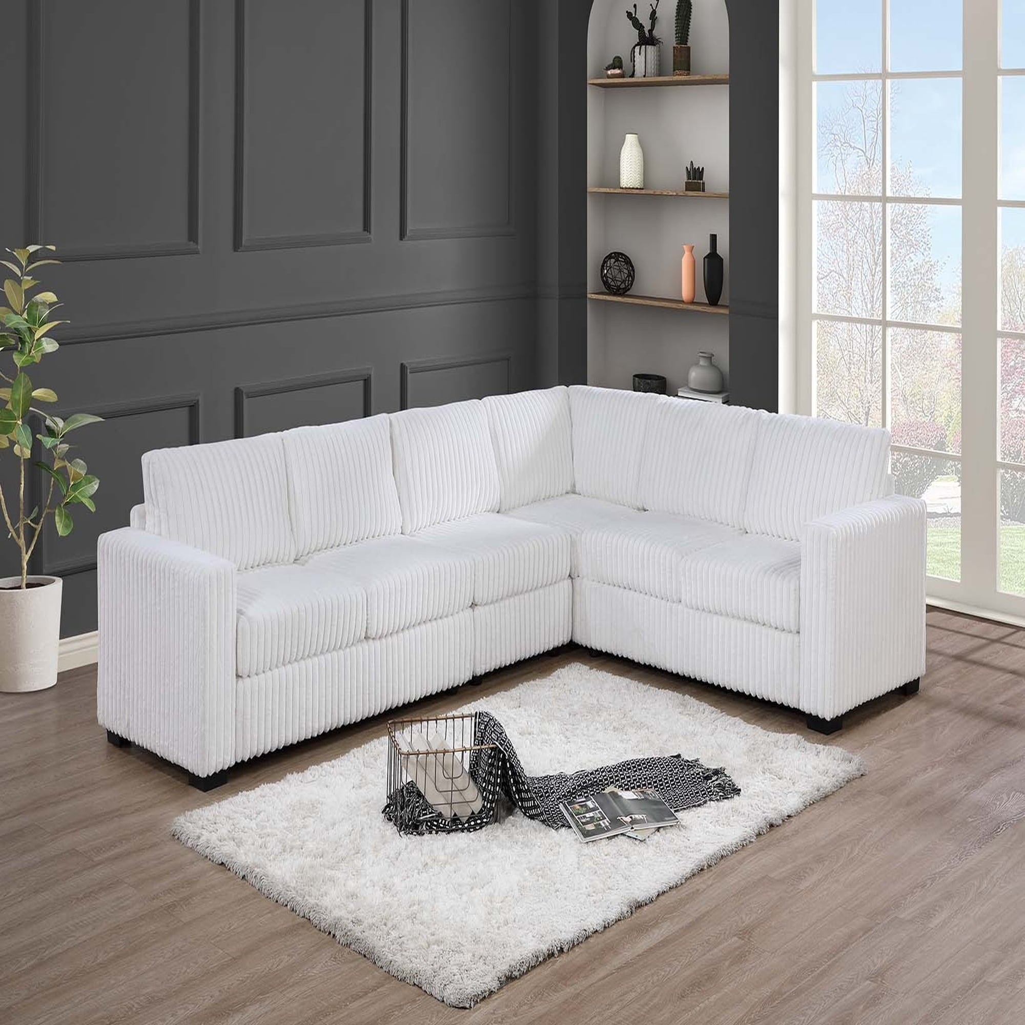 VORENE 4pc L Shaped Corduroy Sectional Set with One Arm Loveseat Wedge and Armless Chair, Milk