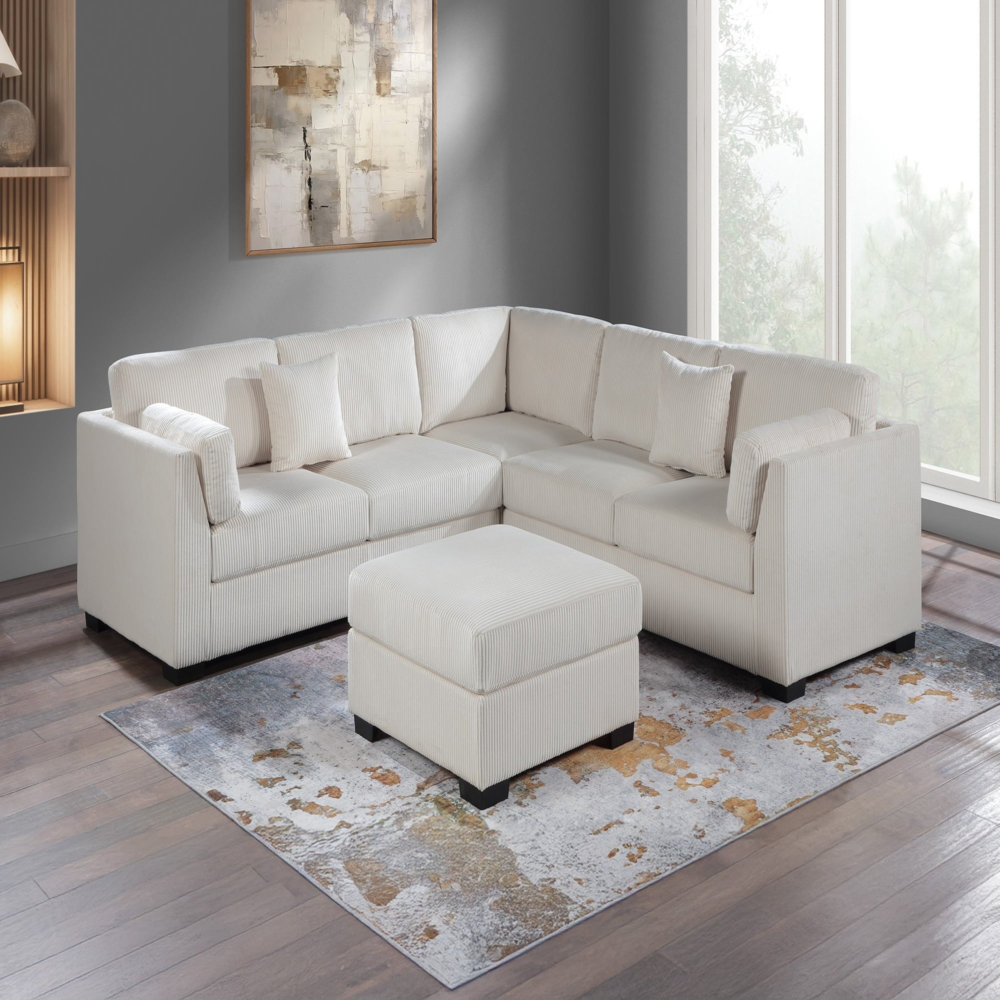 VORENE 4pc L Shaped Corduroy Sectional Set with One Arm Loveseat Wedge and Ottoman, Beige