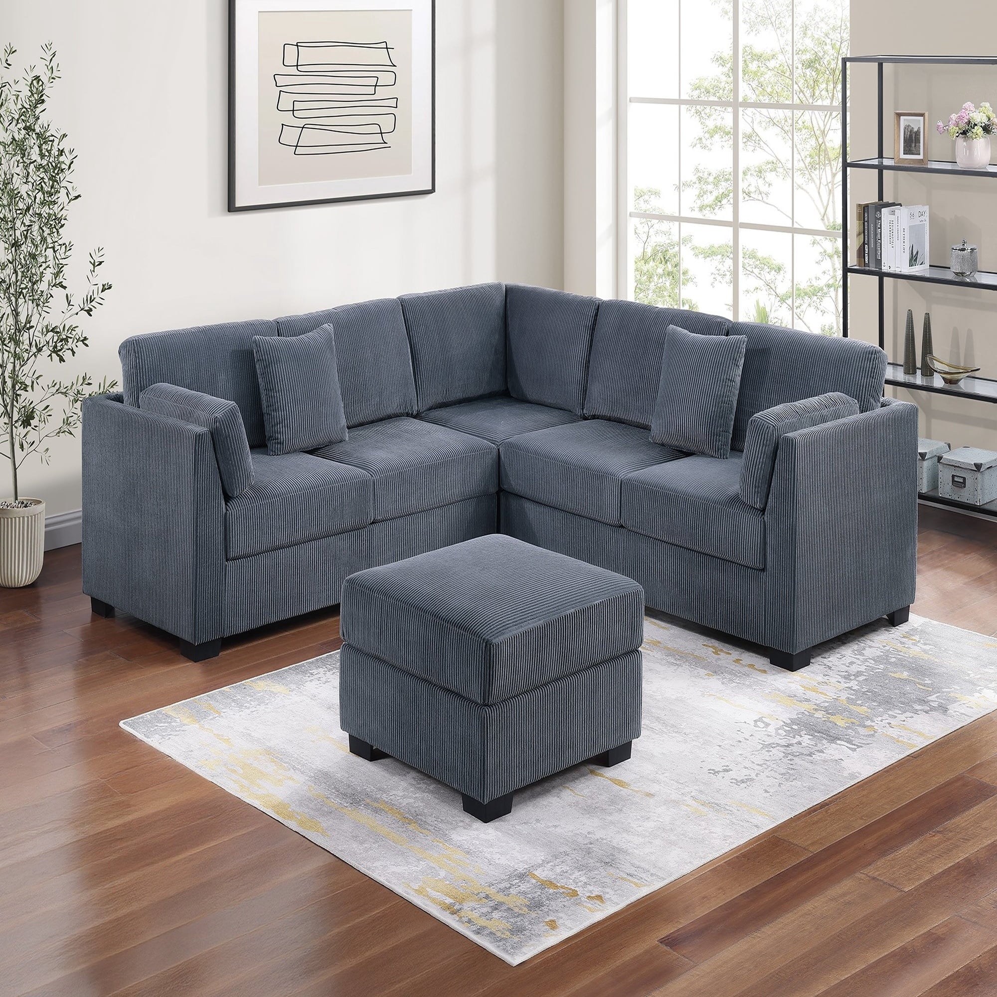 VORENE 4pc L Shaped Corduroy Sectional Set with One Arm Loveseat Wedge and Ottoman, Dark Gray