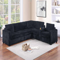 VORENE 4pc L Shaped Corduroy Sectional Set with USB Port Cup Holder and Armless Chair, Black