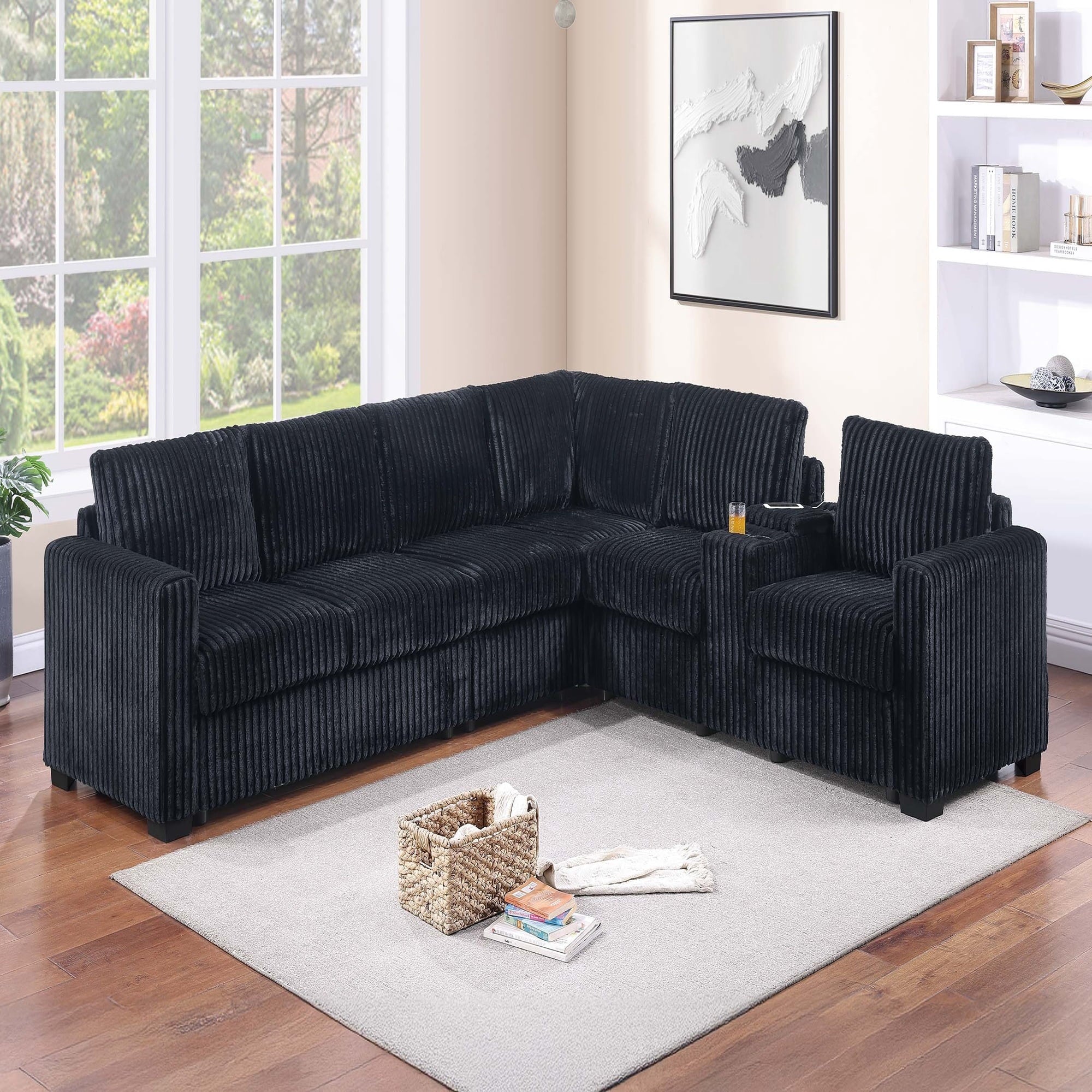 VORENE 4pc L Shaped Corduroy Sectional Set with USB Port Cup Holder and Armless Chair, Black
