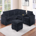 VORENE 4pc L Shaped Sectional Sofa with USB Cup Holder Ottoman and Square Arm Design, Black