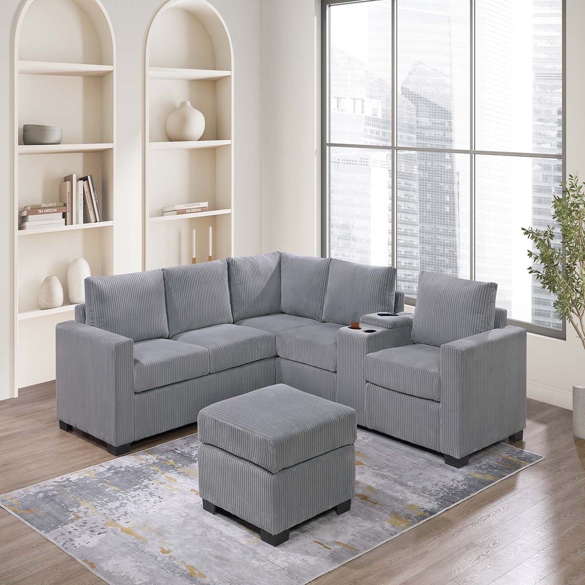 VORENE 4pc Light Gray Corduroy Sectional Set with Loveseat Wedge Console and Ottoman, Light Gray