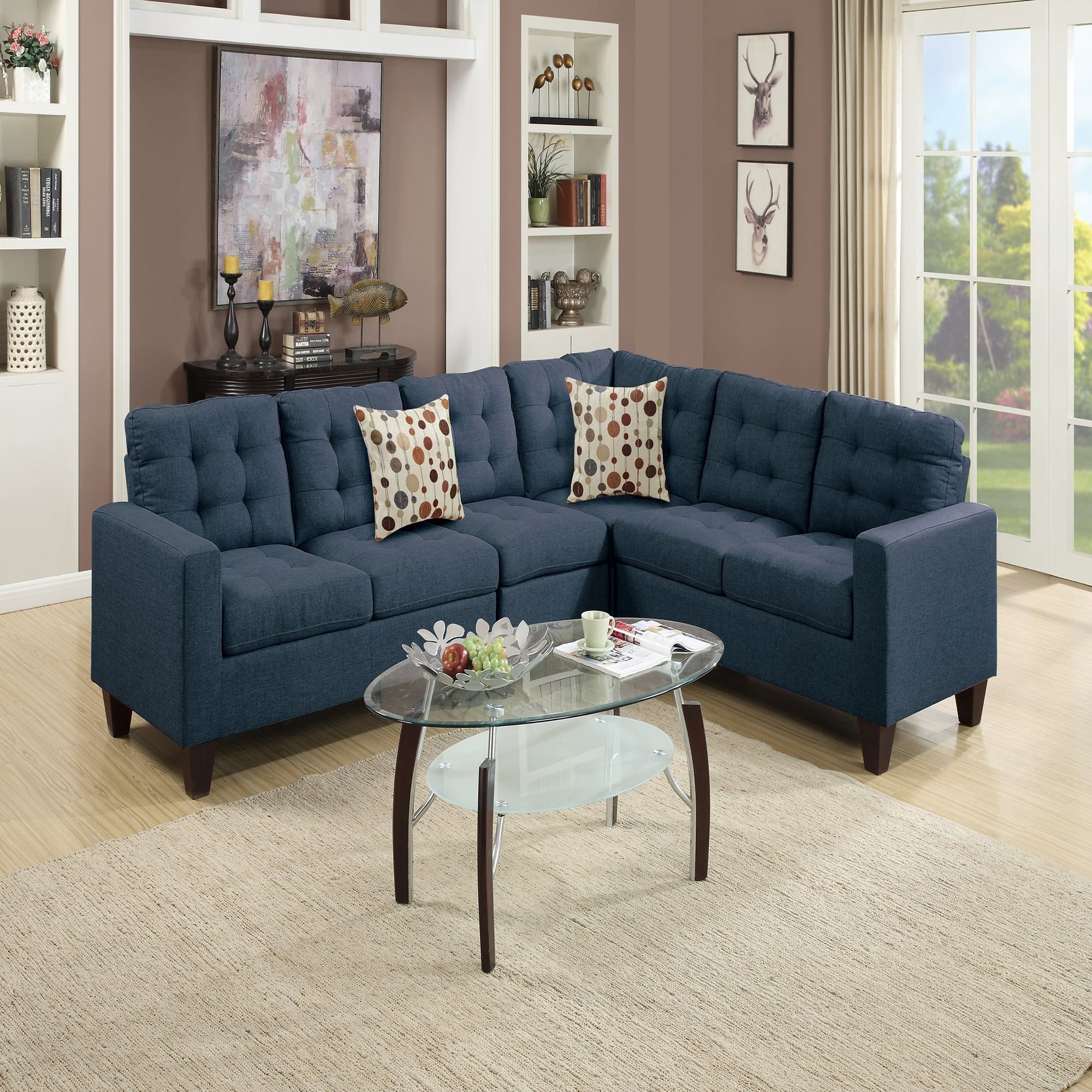 VORENE 4pc Modular Polyfiber Sectional Sofa with LAF RAF Loveseat and Armless Chair, Navy