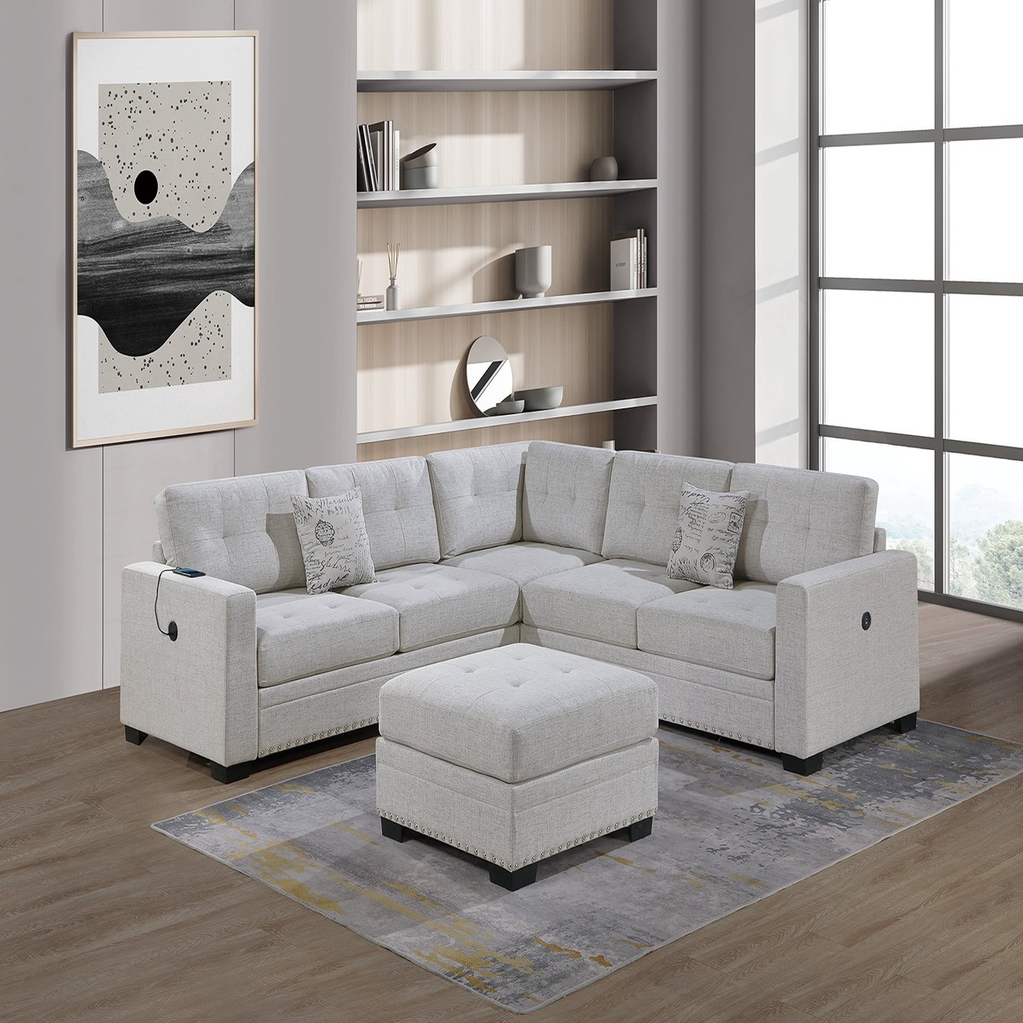 VORENE 4pc Tufted Fabric Sectional Set with One Arm Loveseat Wedge and Ottoman, Bone