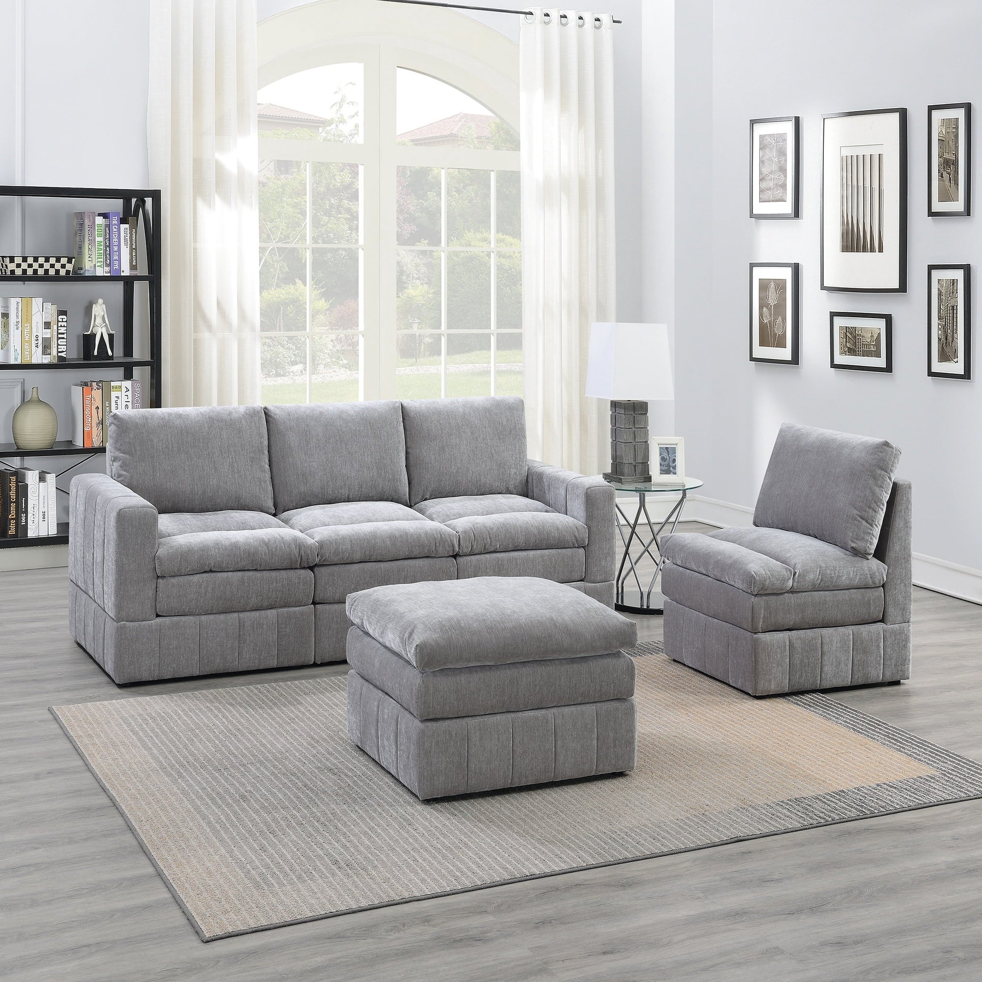 VORENE 5 Piece Modular Sectional Set Morgan Fabric Plush Living Room Chairs Wedge And Ottoman, Granite